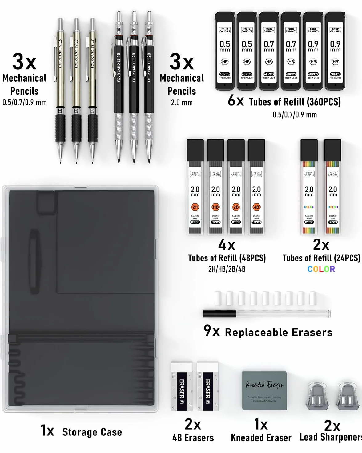 Ensemble de 25 porte-mines artistiques métal 0,5 0,7 0,9 mm avec 432 recharges graphite