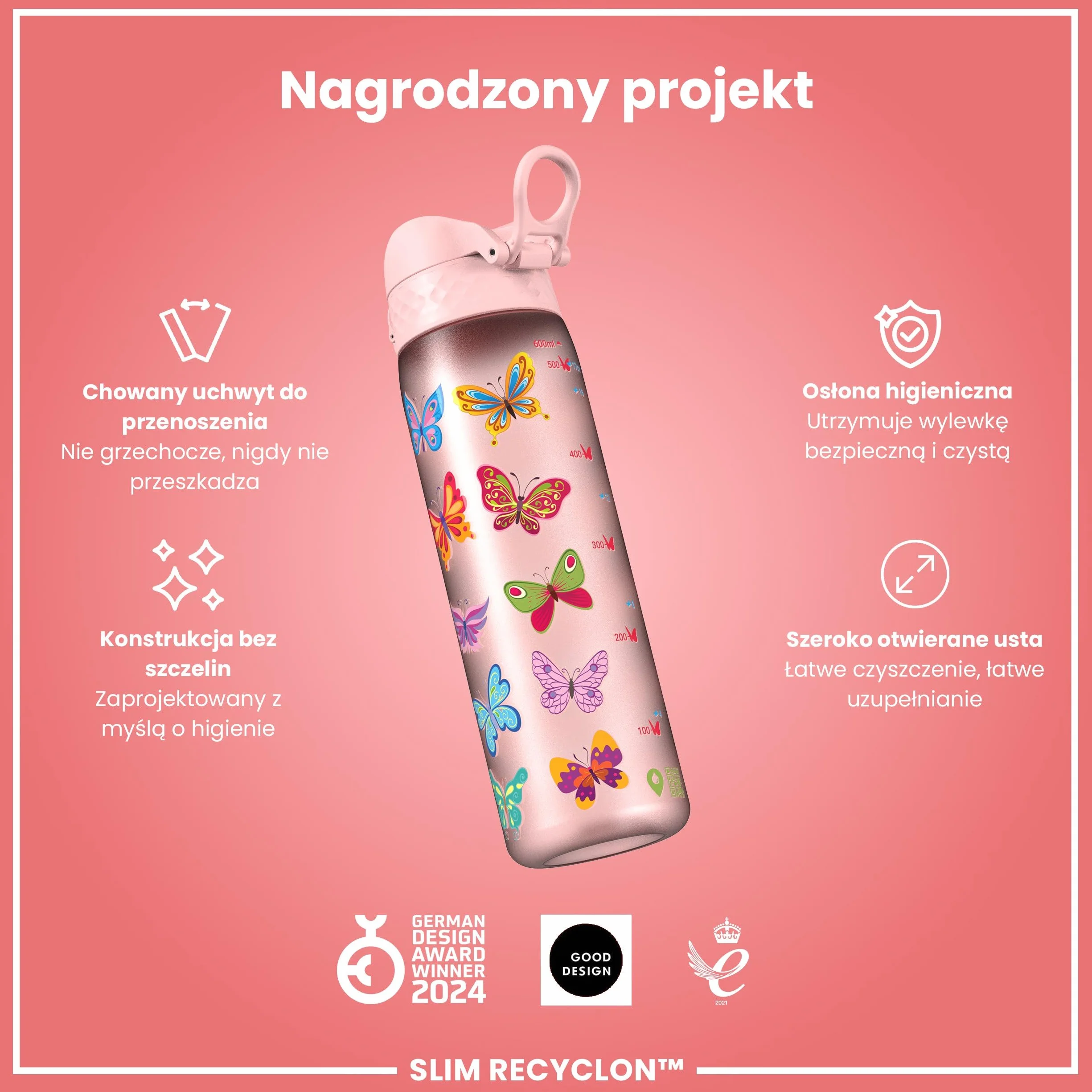ION8 Butelka na Wodę, 500 ml/18 oz, Szczelna, Łatwe Otwieranie, Bezpieczny Zamek, Można Myć w Zmywarce, Bez BPA, Higieniczne Pokrycie, Uchwyt do Przenoszenia, Łatwa Czyszczenie, Bezwonny, Motyle