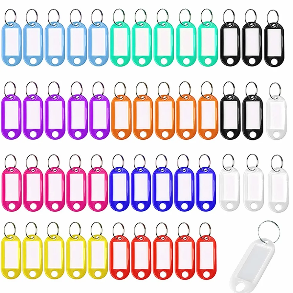 Zestaw 50 breloków do kluczy, 5 x 2,2 cm, plastikowy brelok do kluczy z etykietami z możliwością zapisu, do szkoły, domu, Czerwona, rozmiar uniwersalny