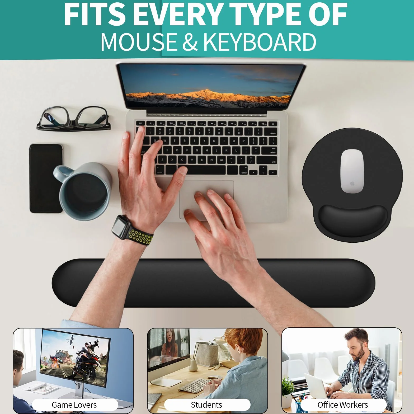 Podkładka pod mysz z podkładką pod nadgarstek i klawiaturą, ergonomiczna podkładka pod mysz z poduszką żelową i poduszką pod nadgarstek z pianki memory, klawiatura do klawiatury komputera z