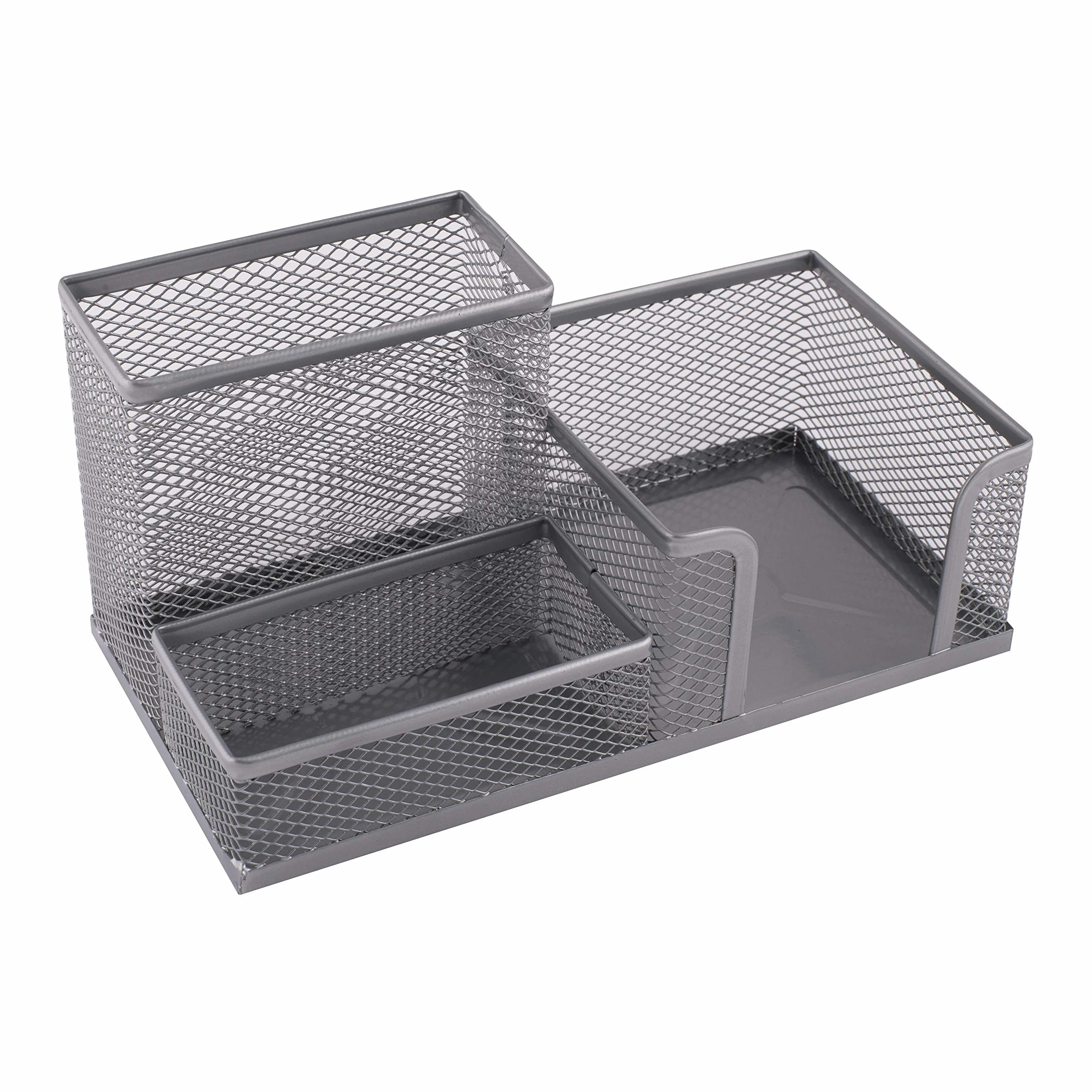 Leviatan Organizer na Biurko z Metalowej Siatki – Srebrny Pojemnik Biurowy z Uchwytami na Długopisy i Karteczki – 205 x 103 x 98 mm
