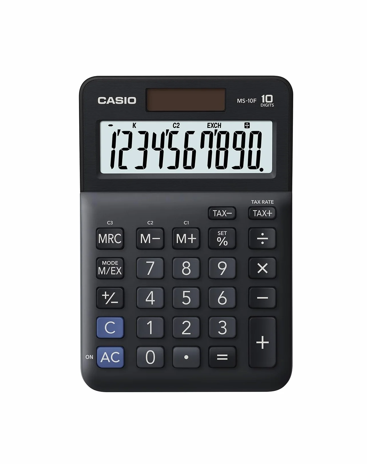 Casio Kalkulator stołowy MS-10F, 10-cyfrowy, obliczanie podatku, przeliczenie walut, zmiana znaku, zasilanie energią słoneczną/bateryjną