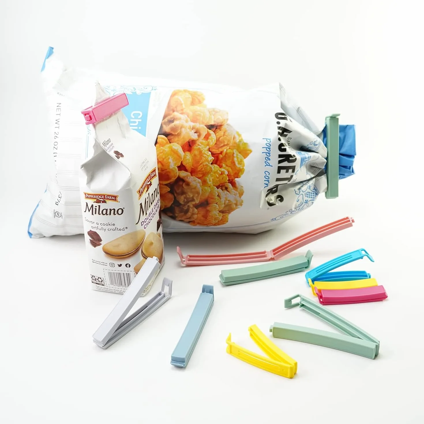 Yarall 32 szt. Klipsy do żywności i torebek – zakrzywione plastikowe klipsy do przechowywania chipsów i żywności, 2 rozmiary (11 cm x 20 i 7,8 cm x 12)