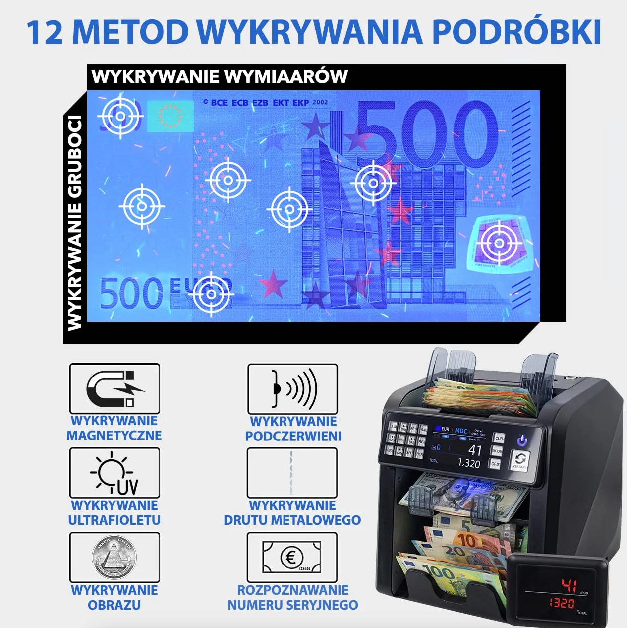 Maszyna do Liczenia Banknotów MV-600 z 12-krotnym Wykrywaniem Fałszerstw PLN EUR USD