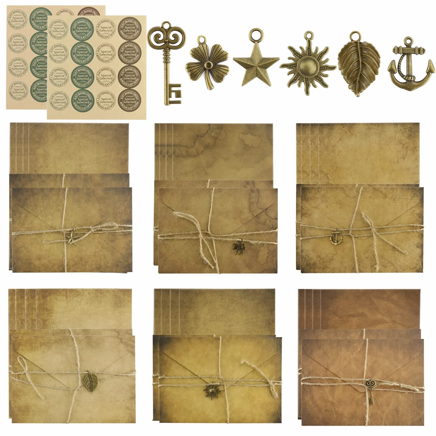 Koperty w stylu antycznym z kopertą, zestaw do pisania w stylu vintage, 24 arkusze, papier listowy, 12 kopert, 12 kluczy retro, 12 lin konopnych, 2 arkusze naklejek uszczelniających w stylu vintage