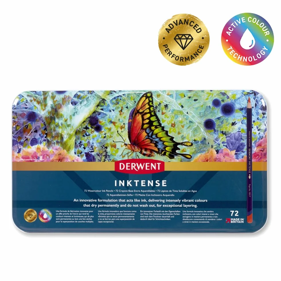 Derwent Inktense Zestaw 72 Trwałych Wodorozpuszczalnych Kredek Rdzeń 4 mm Metalowe Pudełko
