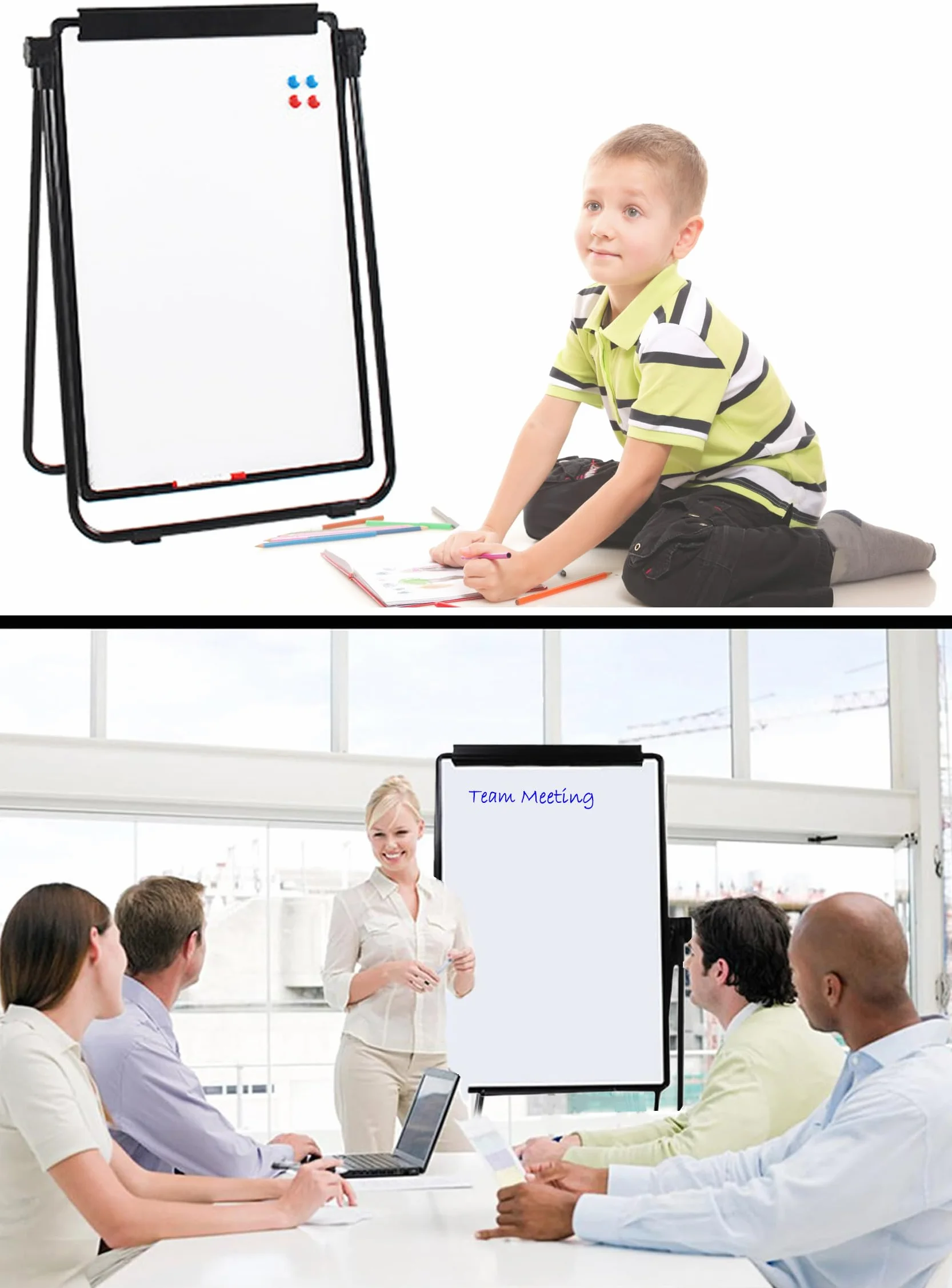TUKA-i-AKUT ​ Stojak na flipchart, tablica magnetyczna, 90 x 60 cm, z regulacją wysokości, składany, stojak w kształcie litery U, sztaluga suchościeralna, z uchwytem na papier, zmywalna, kolor czarny