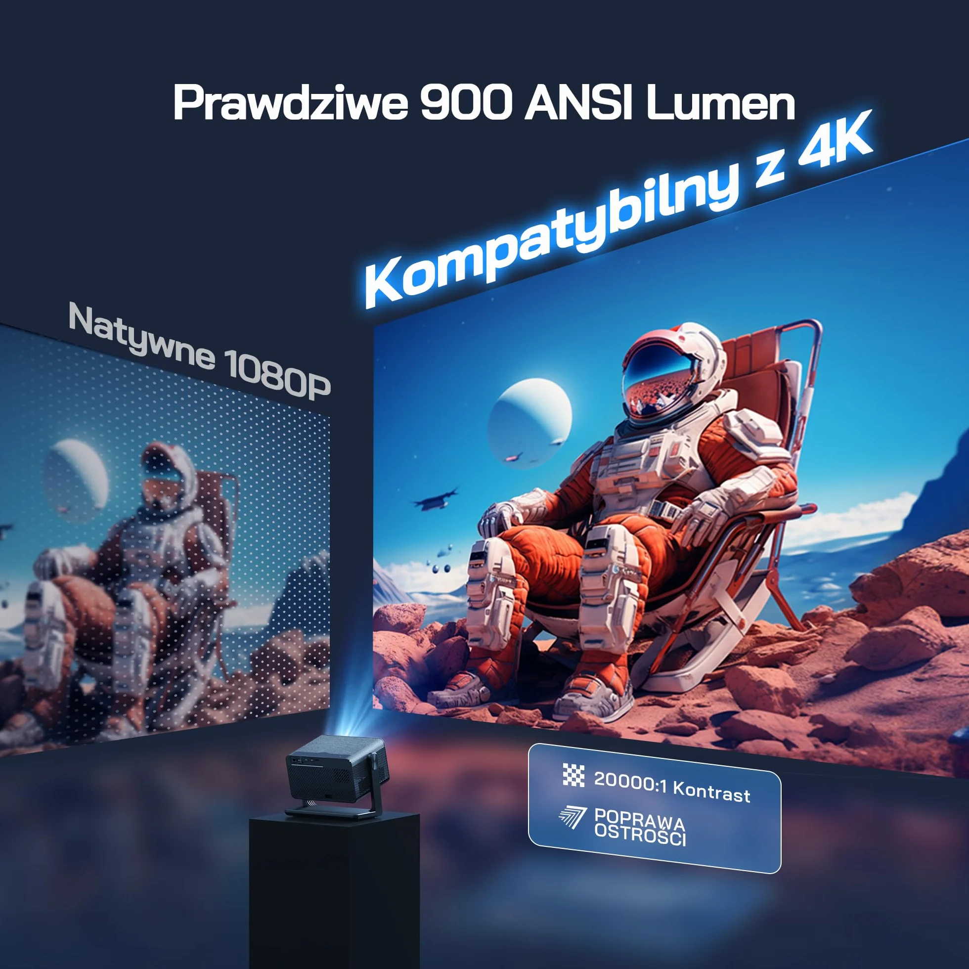 WOLFANG 28000 Lumenów 4K Mini Projektor【Oficjalny Netflix & Autofokus/Korekcja Trapezu】, Przenośny Projektor 5G WiFi z Bluetooth 5.2, Projektor Kina Domowego ze Stojakiem 180° do Ekranu 300''