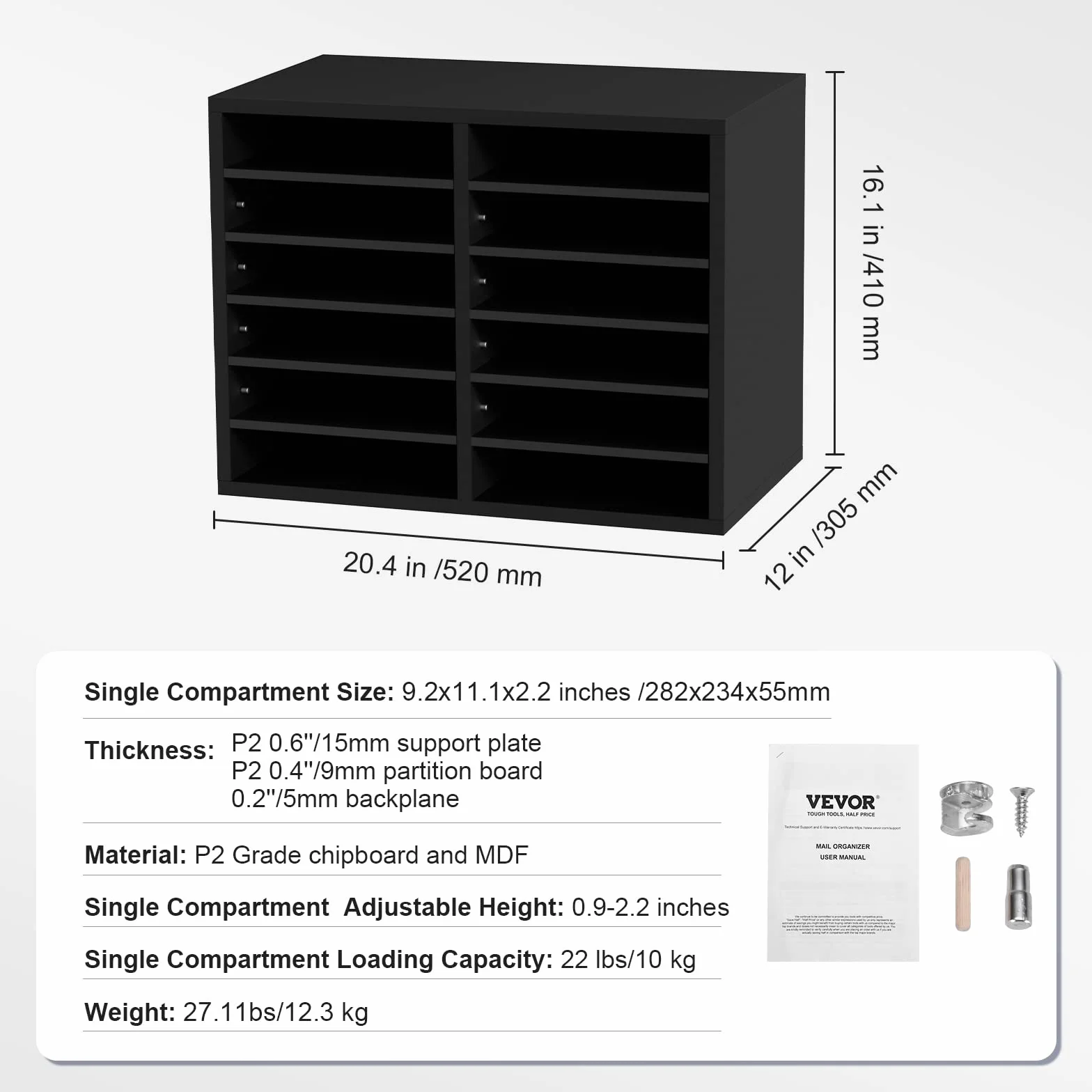VEVOR Drewniany Organizator Literatury Płyta wiórowa Półka do przechowywania dokumentów 12 przegródek 52x30,5x41 cm Klasyfikator literatury z regulowanymi półkami biurowymi, Czarny