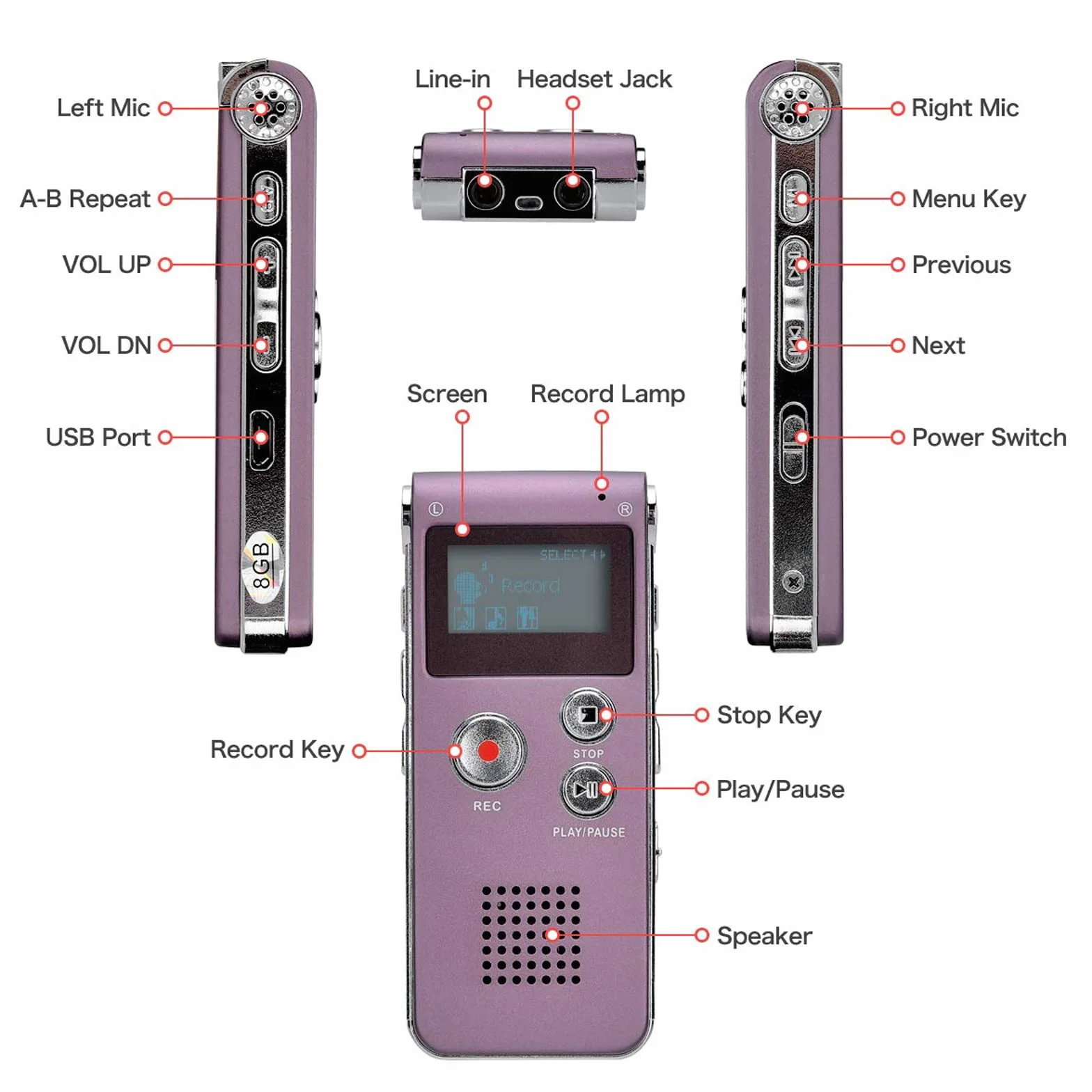 Lychee Dyktafon LCD 8 GB, ładowany przez USB, z wielofunkcyjnym cyfrowym rejestratorem audio i odtwarzaczem MP3 (czerwony)