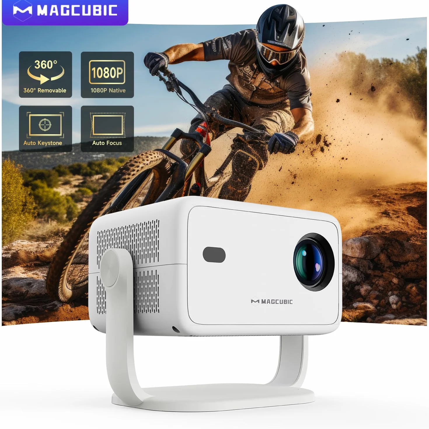 Magcubic Mini Smart Beamer 4K 1080p przenośny projektor WiFi 6 Bluetooth 5.4 autofokus HY350 12 W obracany 180° Biały