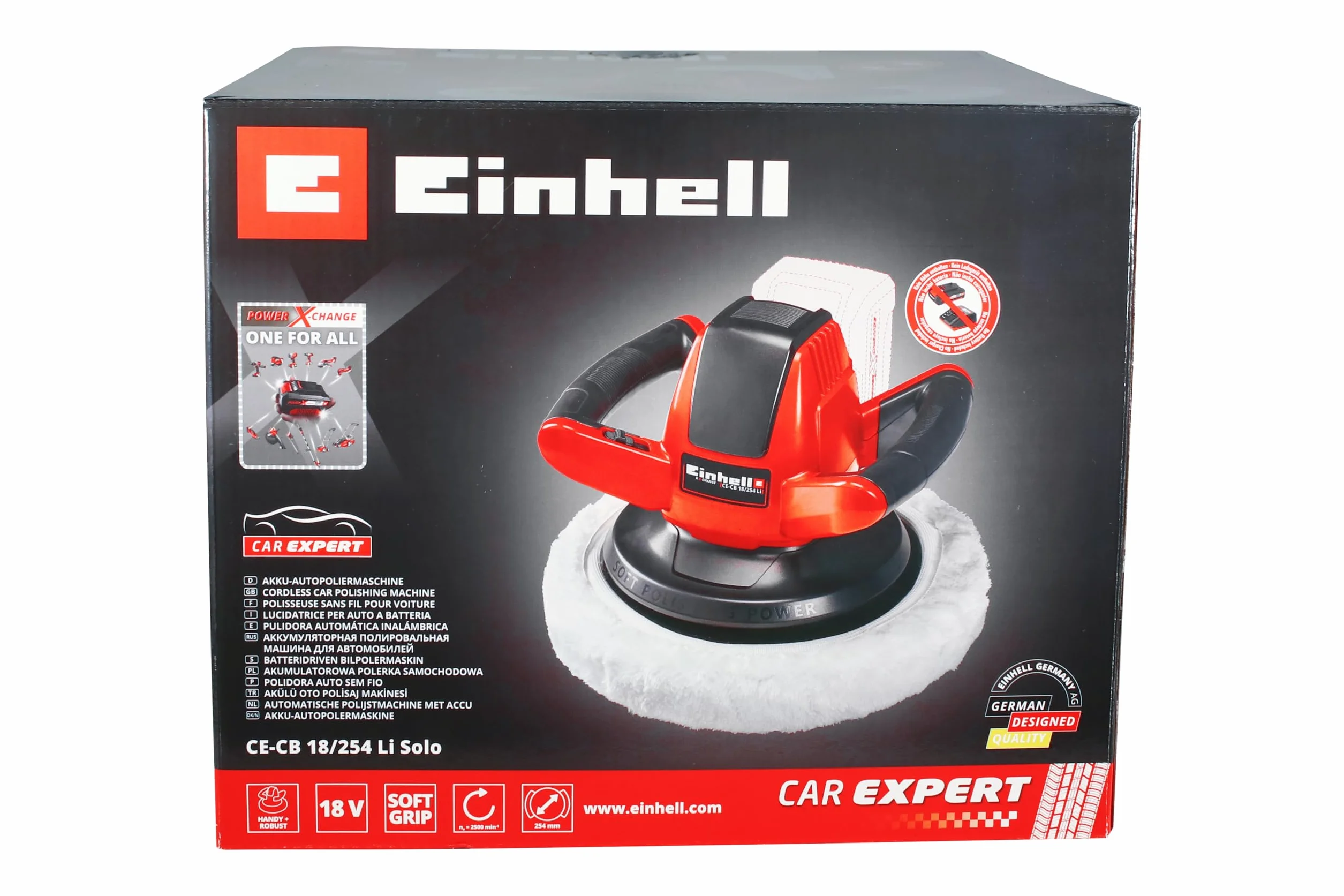 Einhell Polerka samochodowa akumulatorowa CE-CB 18/254 Li-Solo Power X-Change (Li-ion, 18 V, 2500 obr./min, 1x tekstylny/1x syntetyczny kaptur do polerowania, bez akumulatora i ładowarki)