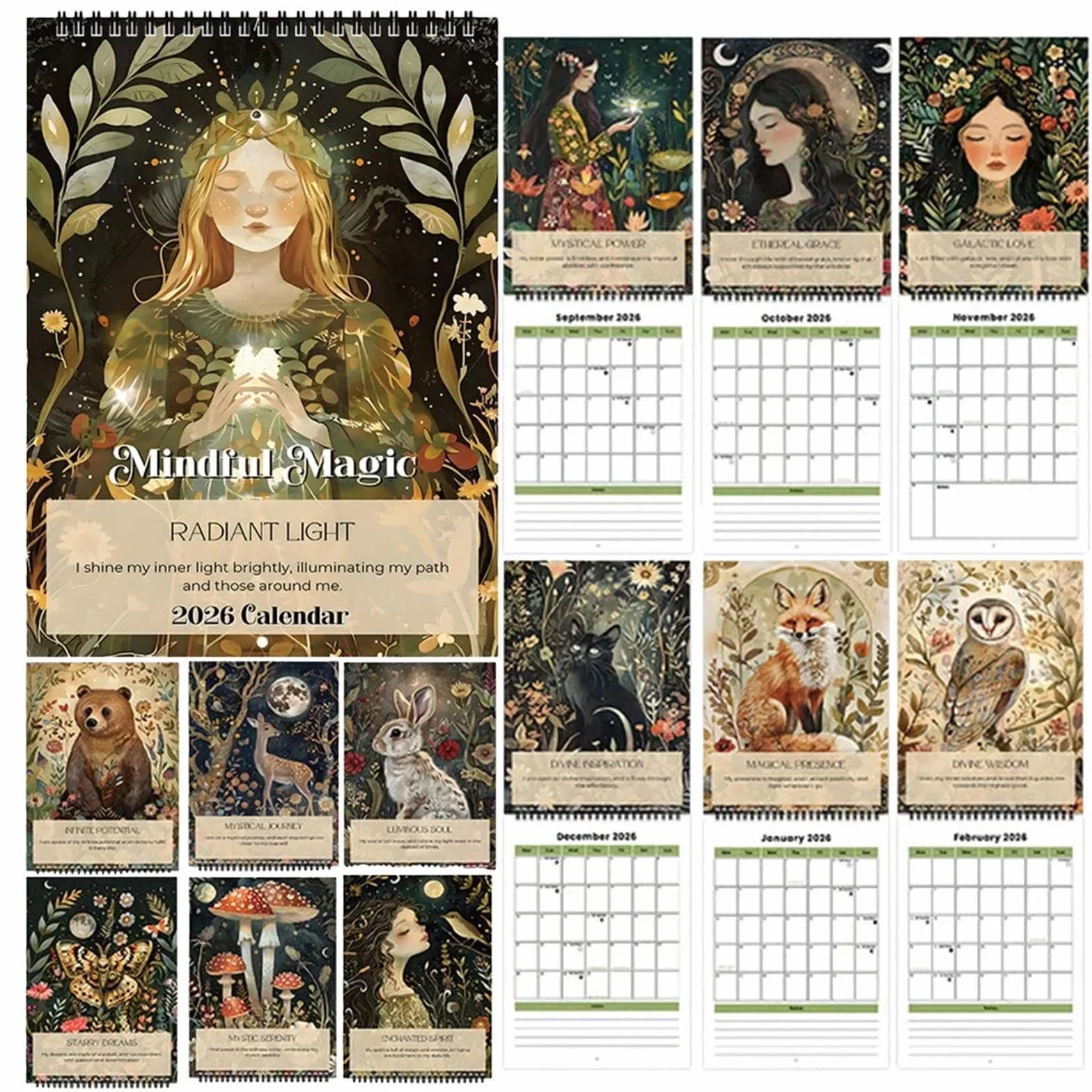 Mindful Magic kalendarz ścienny 2026 – inspirujący kalendarz 2026 z przeglądem miesięcy i afirmacjami, podobny kalendarz roczny, kalendarz miesięczny 2026, kalendarz ścienny 2026, do biura i domu