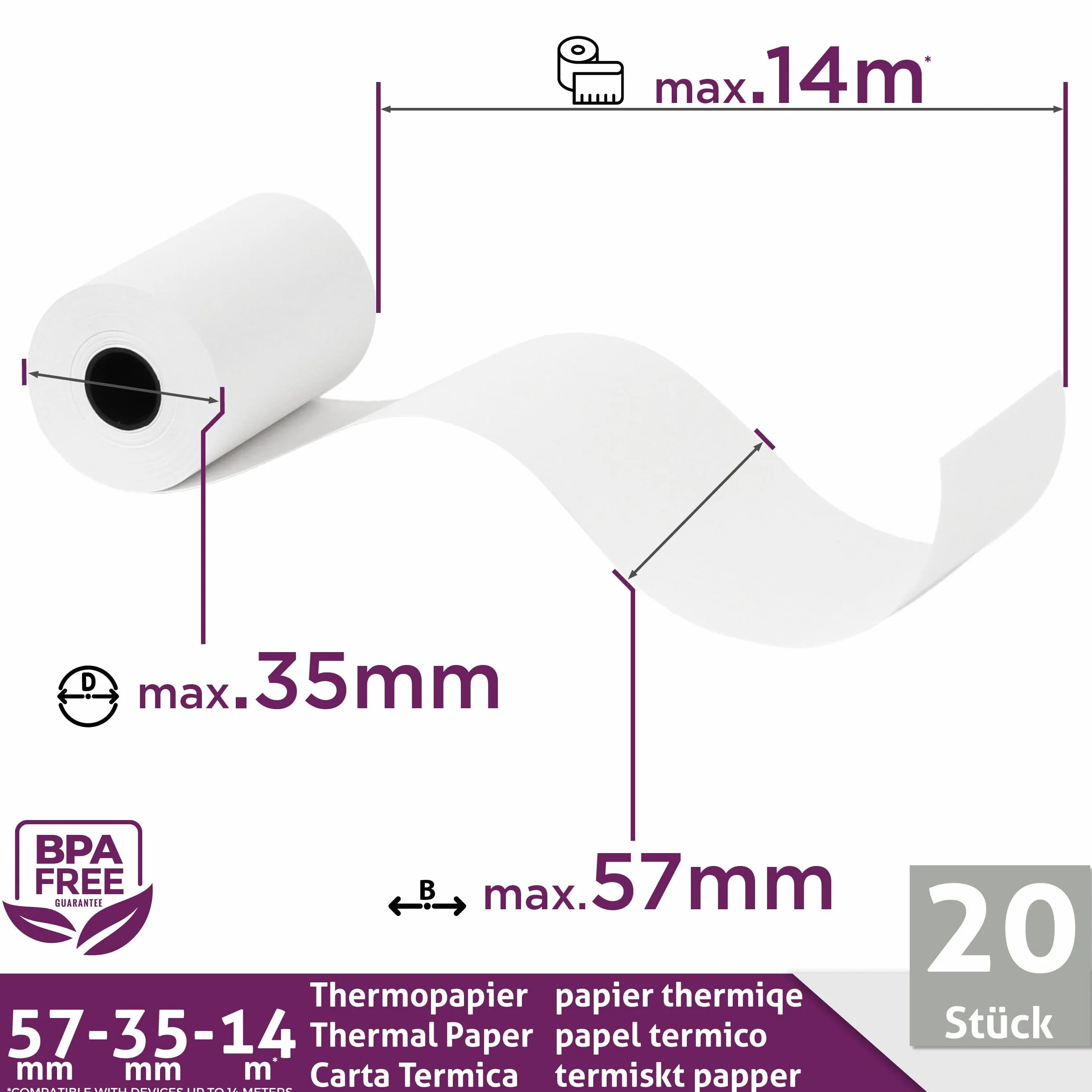 Rolka tpe 57mm x 14m x 12mm - Rolki do terminala kart bankowych - Szpula papieru termicznego 57x35x12 - wolna od BPA (20 szpulek)