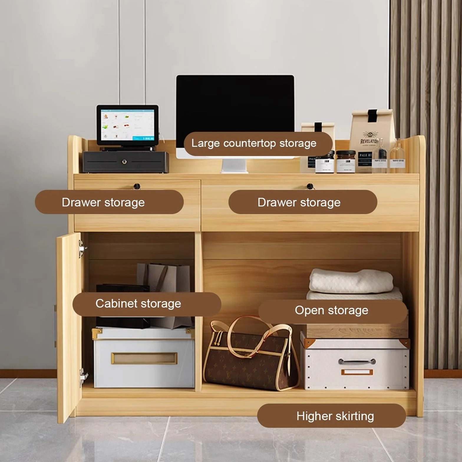Reception Desk with Lockable Drawers, Cable Management Holes, Front Desk for Salon Office, 120cm