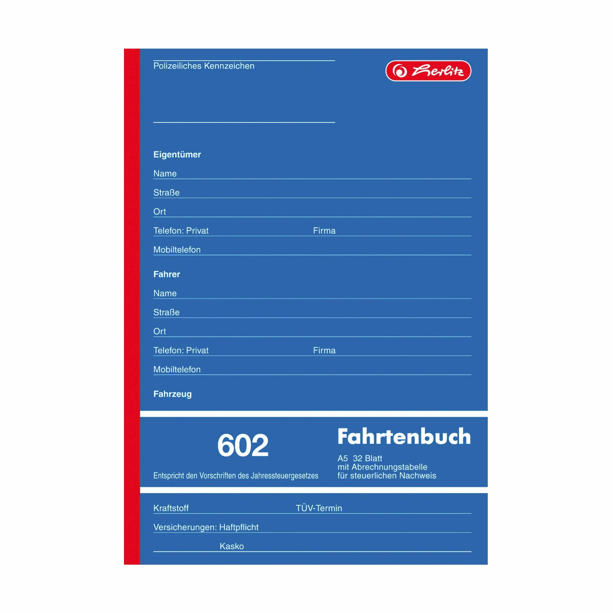 Herlitz 840637 Ewidencja przebiegu pojazdu A5 602 32 kartki