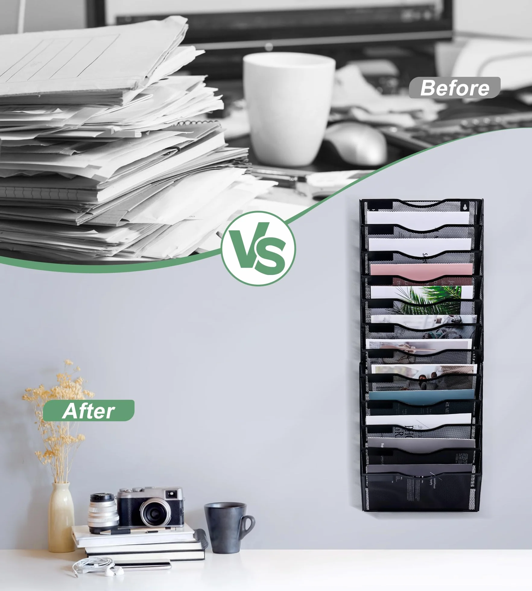 Wiszący organizer na dokumenty A4, 12-poziomowy, czarny, naścienny