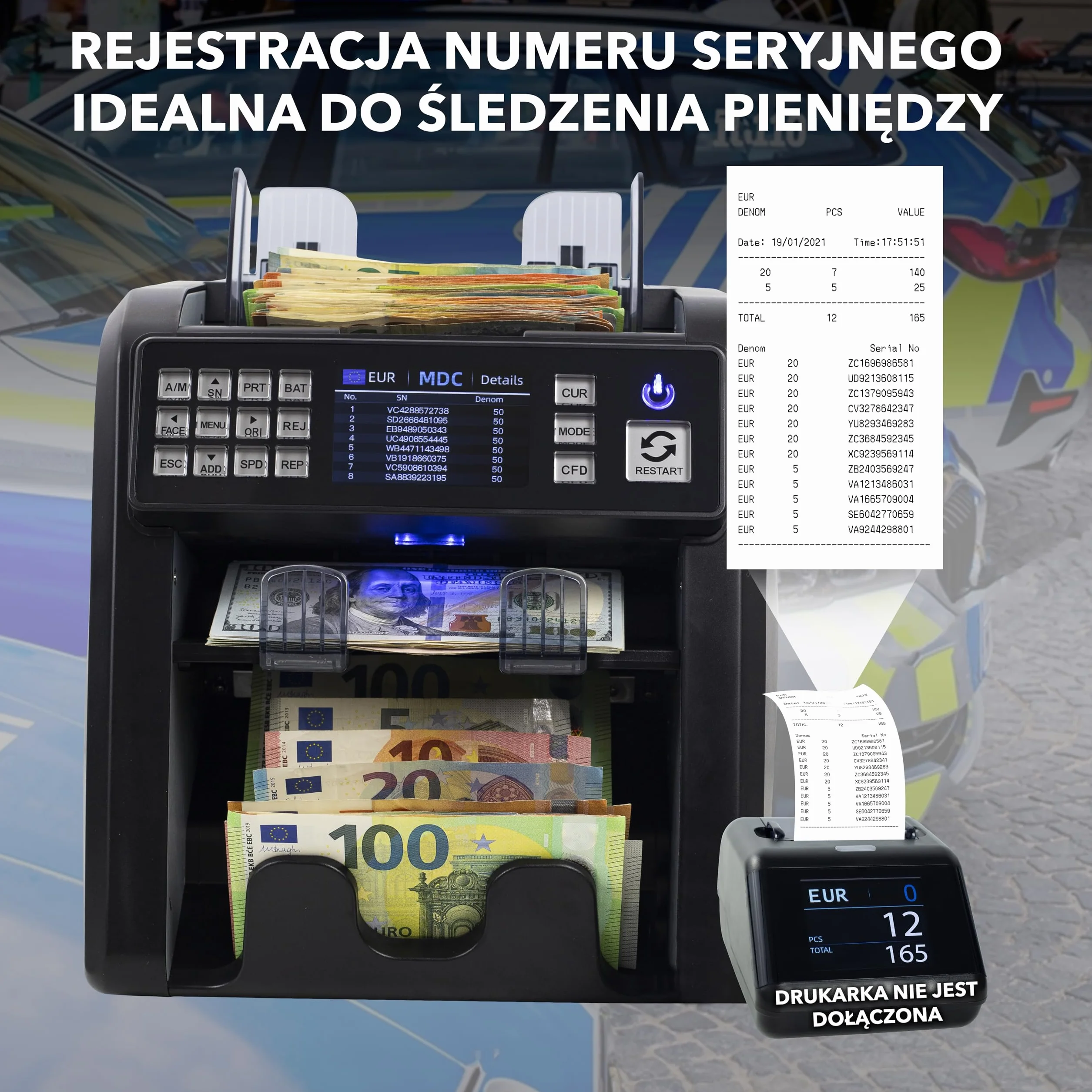 Maszyna do Liczenia Banknotów MV-600 z 12-krotnym Wykrywaniem Fałszerstw PLN EUR USD
