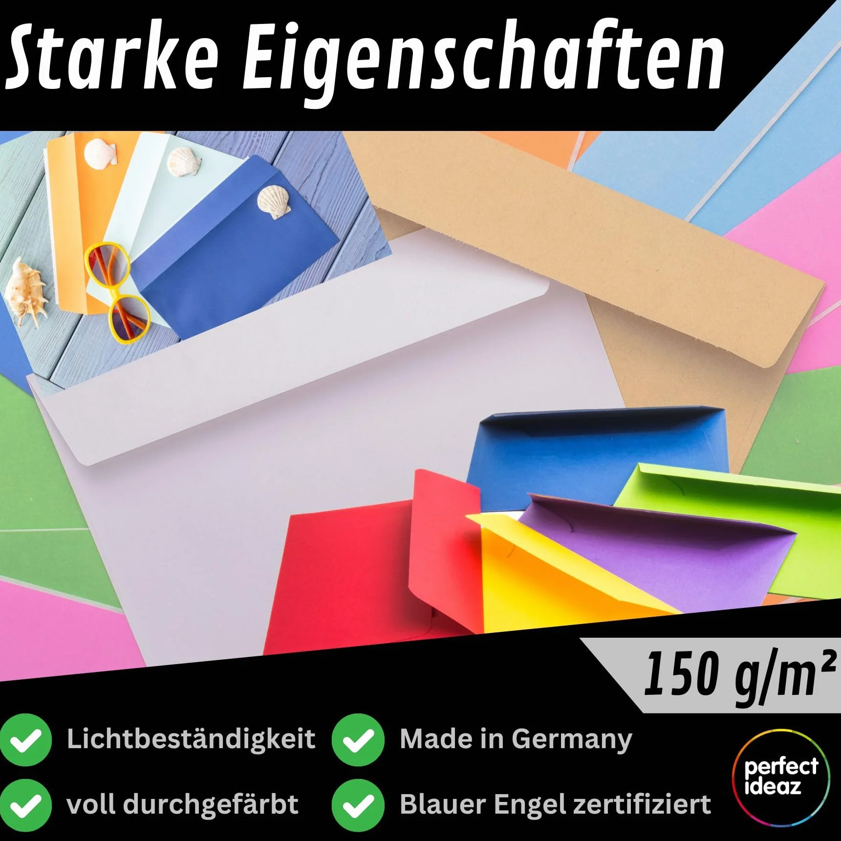 perfect ideaz - 50 kopert DIN-C6 bez okienka, na format DIN A6, z papieru pochodzącego z recyklingu, 10 kolorów, wyprodukowanych w Niemczech, certyfikat Blauer Engel