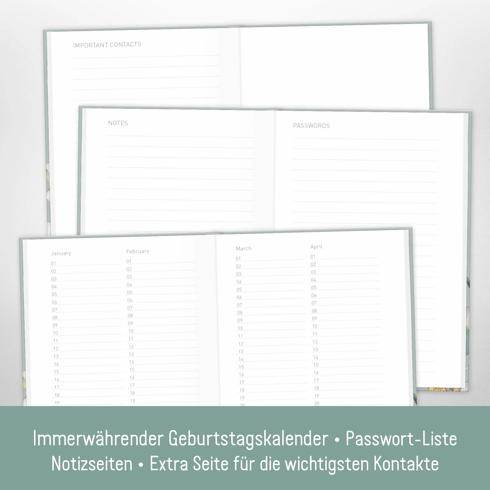 Książka adresowa paper&you® A6+ z indeksem A-Z papierem premium 120 g/m² "Minty Leaves" na kontakty, daty urodzin i hasła - zrównoważona & przyjazna dla klimatu