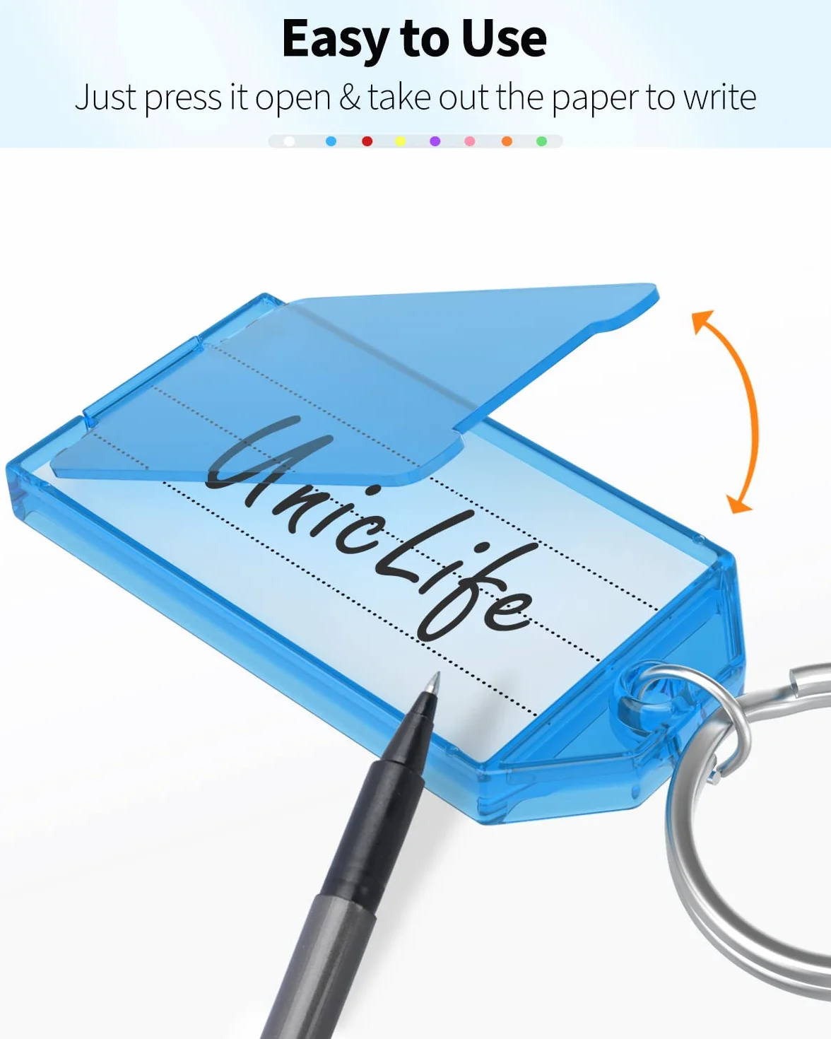 Uniclife 20 sztuk Przywieszki do kluczy 5 cm Plastikowe Przywieszki do łańcucha kluczy z przezroczystymi etykietami i dzielonymi pierścieniami, stabilne identyfikatory przedmiotów, 8 kolorów