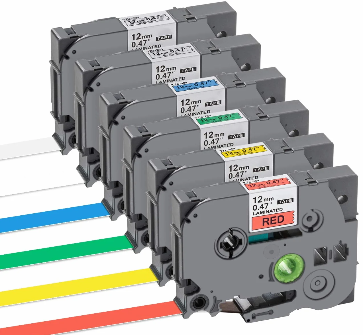 Anstore 6 etykiet zamiennych do taśm Brother P-touch TZe-131 TZe-231 TZe-431 TZe-531 TZe-631 TZe-631 TZe-731, czarny na białym/przezroczystym/czerwonym/żółtym/zielonym laminowanej taśmie Tze