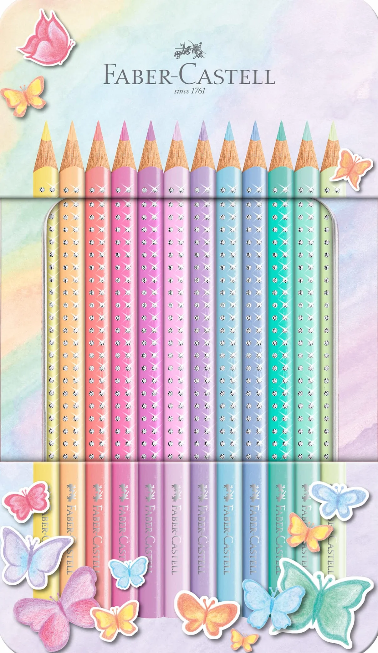 FABER-CASTELL zestaw kredek Sparkle Pastel 12 sztuk metalowe etui trójkątne