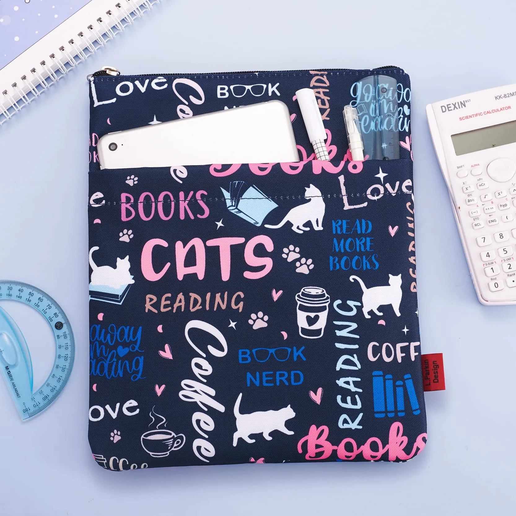 Rękawy ochronne na książki o kotach, etui na książki z kotami, z zamkiem błyskawicznym, 38 x 21 cm, nadaje się do prania, tkanina, dla miłośników książek, kawowe