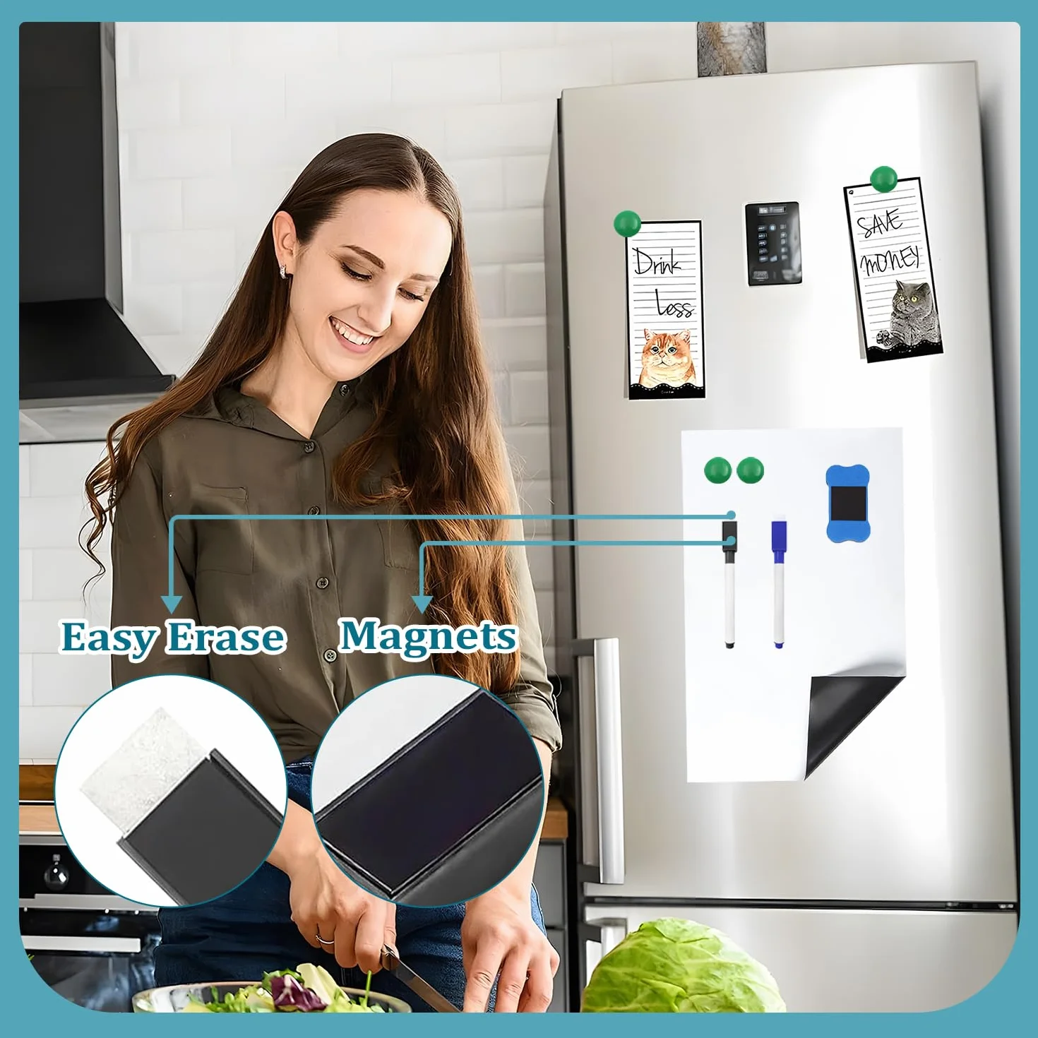 Tablica magnetyczna na lodówkę, format A4, elastyczna, zmywalna folia magnetyczna, biała, w zestawie 2 długopisy, 1 gumka do mazania, 4 magnesy do lodówki, biura domowego, tablica na spotkania
