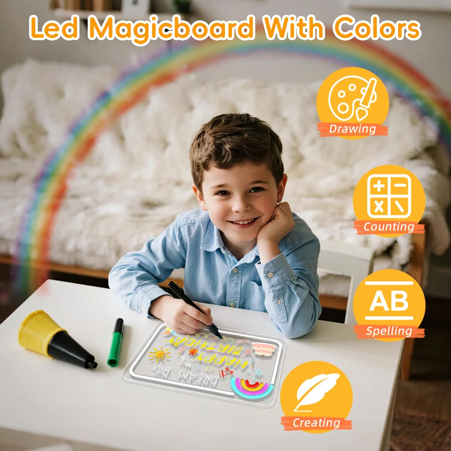Looklight Tablica LED dla dzieci z kolorami, akrylowa, z kablem USB i 7 markerami