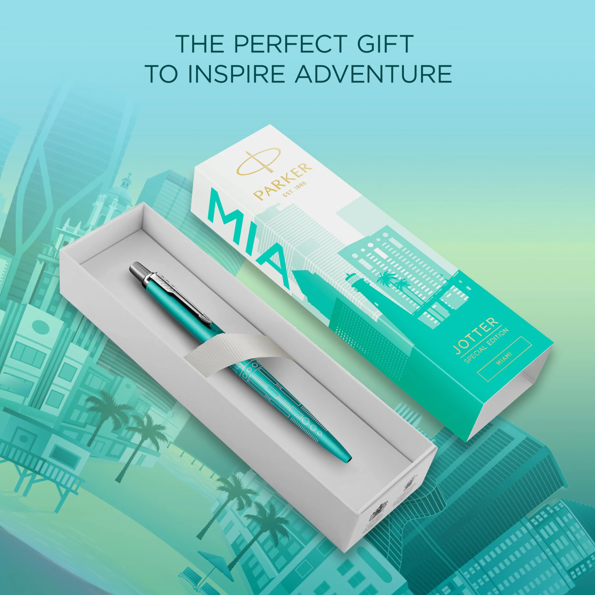 Parker Jotter Długopis Edycja Specjalna Miami Turquoise Chromowane Zdobienia Końcówka Medium Niebieski Tusz Opakowanie Prezentowe