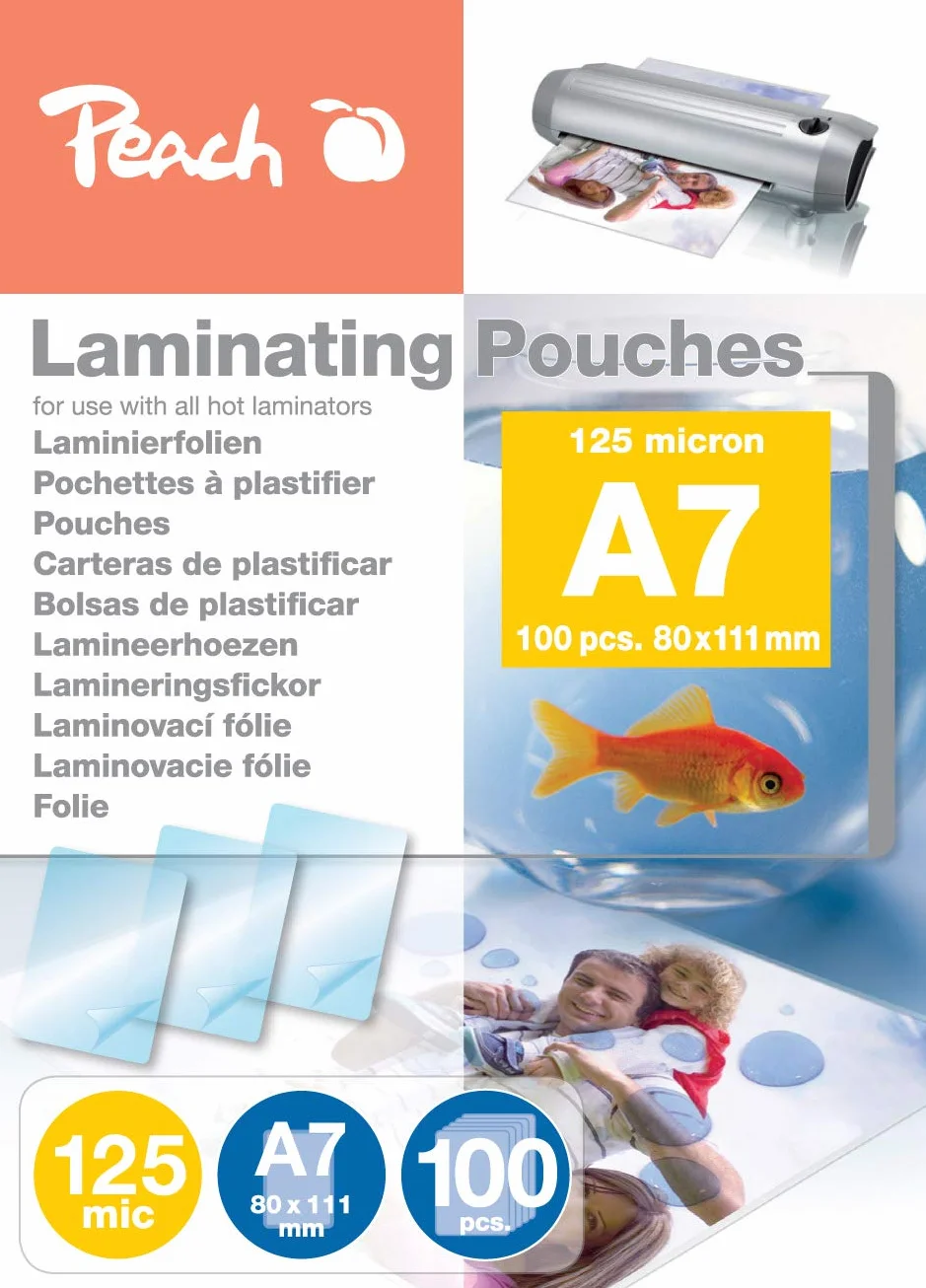 Peach Folie do laminowania A7-125 mic - 100 torebek - błyszczące - jakość premium dla najlepszych rezultatów laminowania - kompatybilne z urządzeniami wszystkich markowych producentów - PP525-05