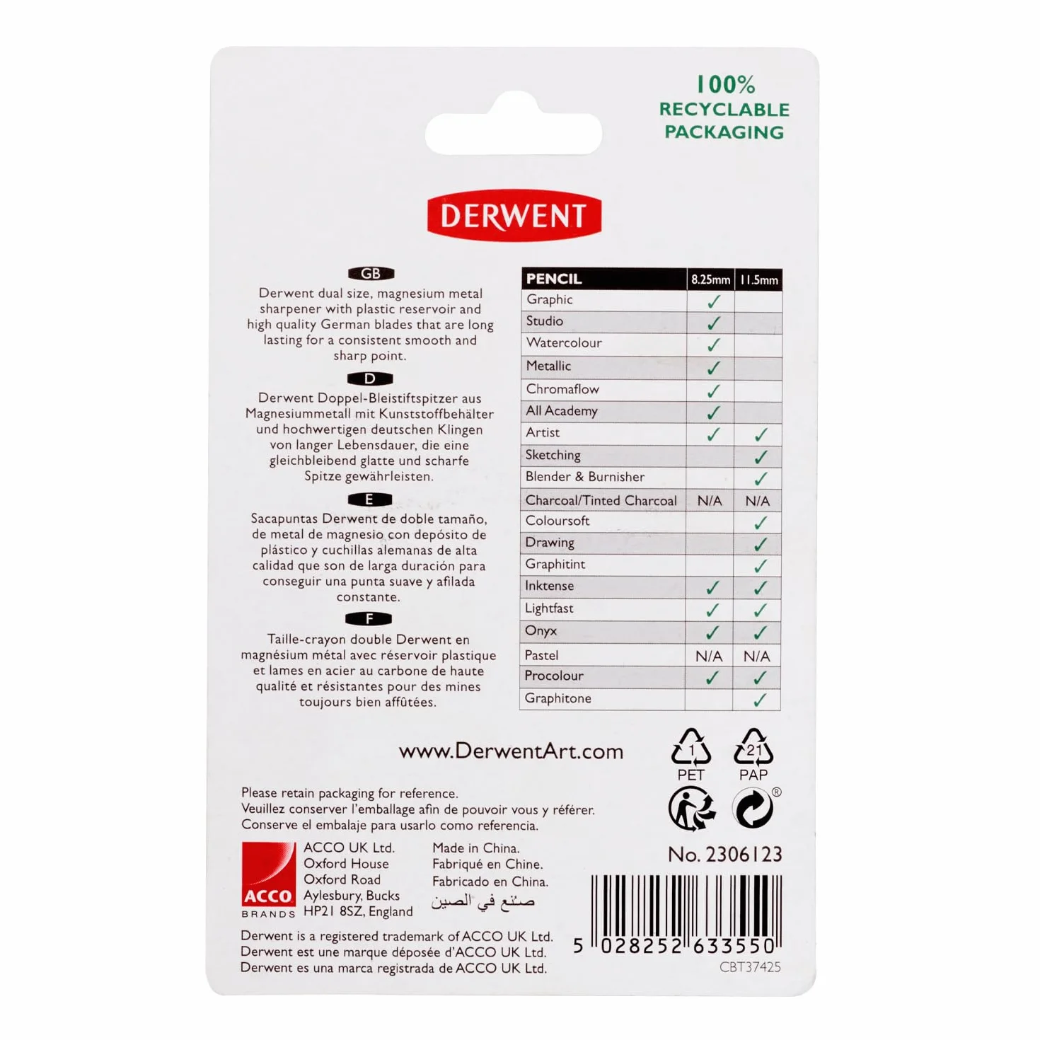Derwent, Temperówka do Kredek i Ołówków, Dwa Otwory 11,5 i 8,25 mm, Pojemnik na Ścinki, Kolor Czarny (2306123)