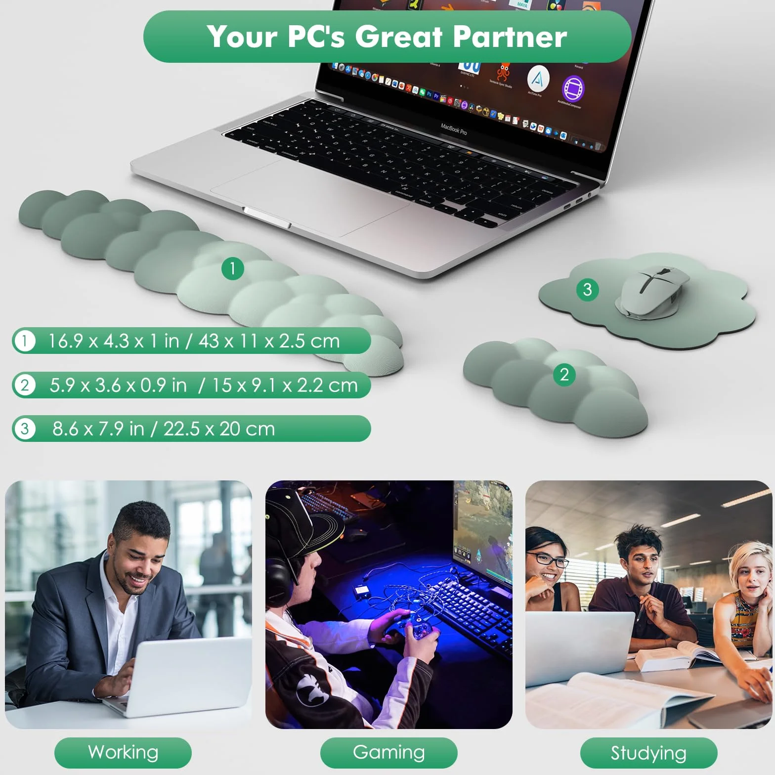 MoKo Cloud Wrist Rest Ergonomic Keyboard Wrist Support with Mouse Pad Durable Polyester Arm Rest Pad for Office Gaming Computer Laptop Green