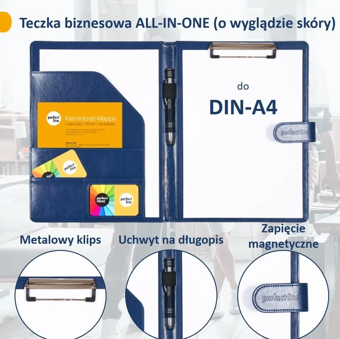 perfect line - Teczka z klipsem DIN-A4 z zapięciem magnetycznym - wykonana z wytrzymałej sztucznej skóry o stylowym wyglądzie skóry - teczka biznesowa premium (1 teczka - niebieska)