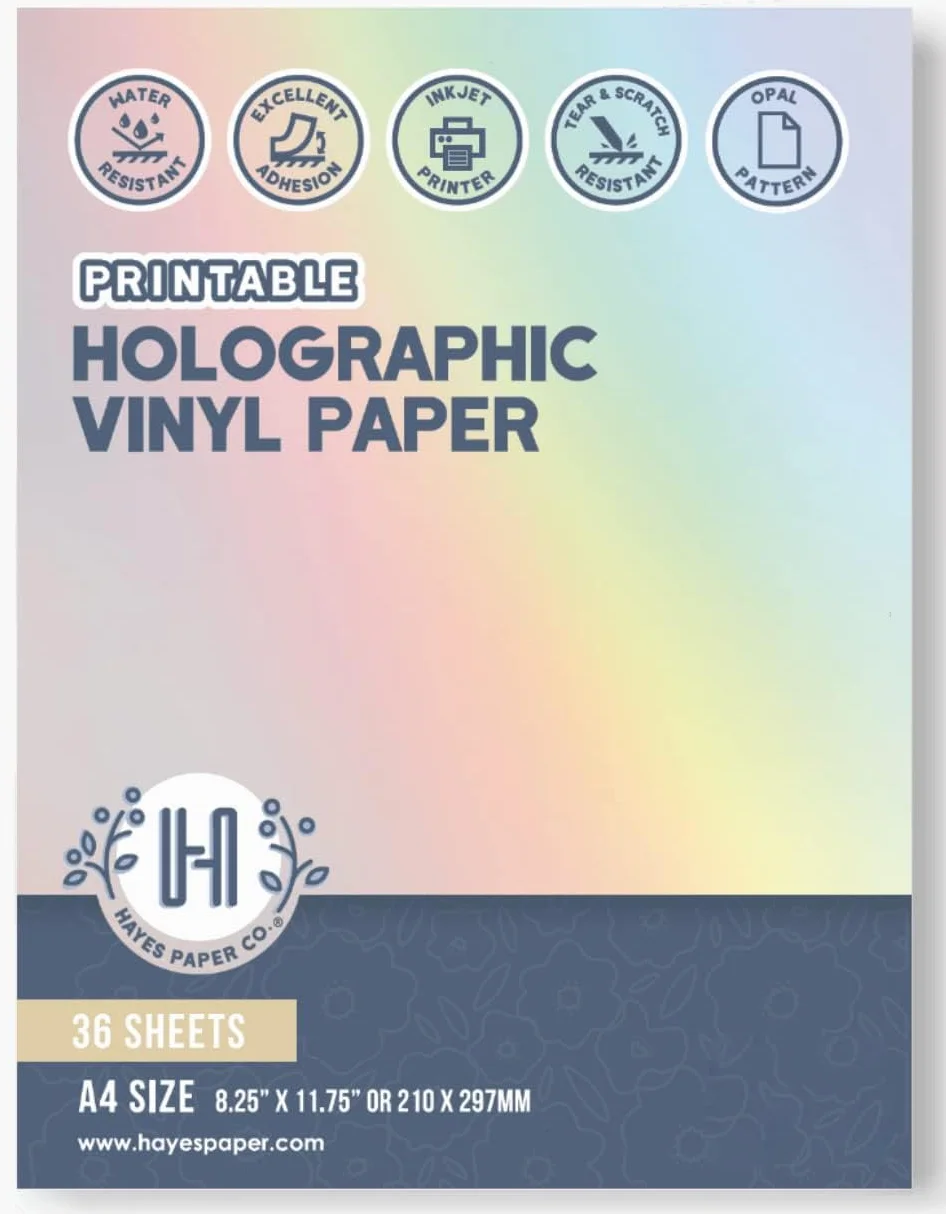Papier do naklejek winylowych holograficzny A4 36 sztuk Hayes Paper Co. do drukarek atramentowych odporny na rozdarcia i zarysowania