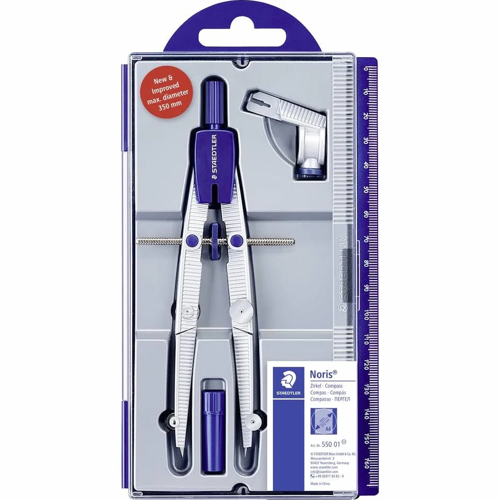 STAEDTLER Noris Club 550 01 cyrkiel szkolny z szybką regulacją, zestaw z adapterem i wkładami zapasowymi, srebrny/niebieski