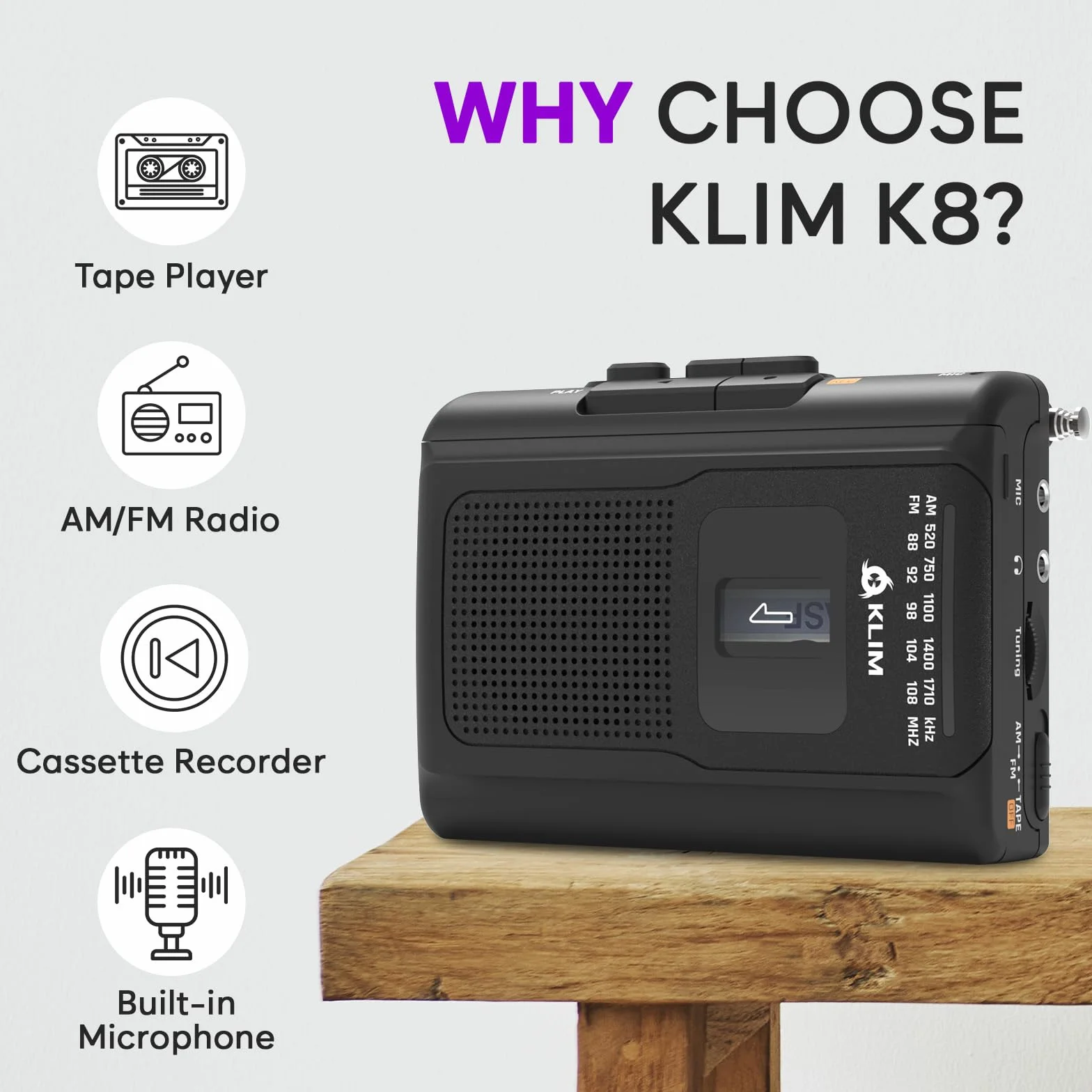 KLIM K8 Odtwarzacz Kasetowy AM/FM z Wbudowanym Mikrofonem i Głośnikiem