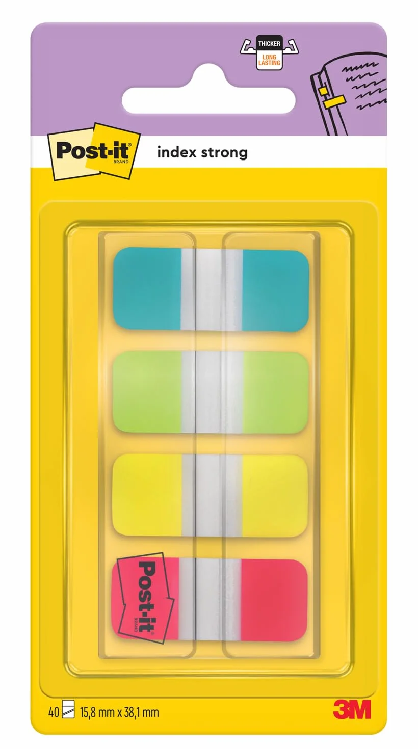 Post-it Index Strong Tabs na dokumenty, małe - 40 zakładek, 15,8 mm x 38,1 mm, żółte, czerwone, niebieskie, zielone - bardzo mocne samoprzylepne flagi do dokumentów i informacji