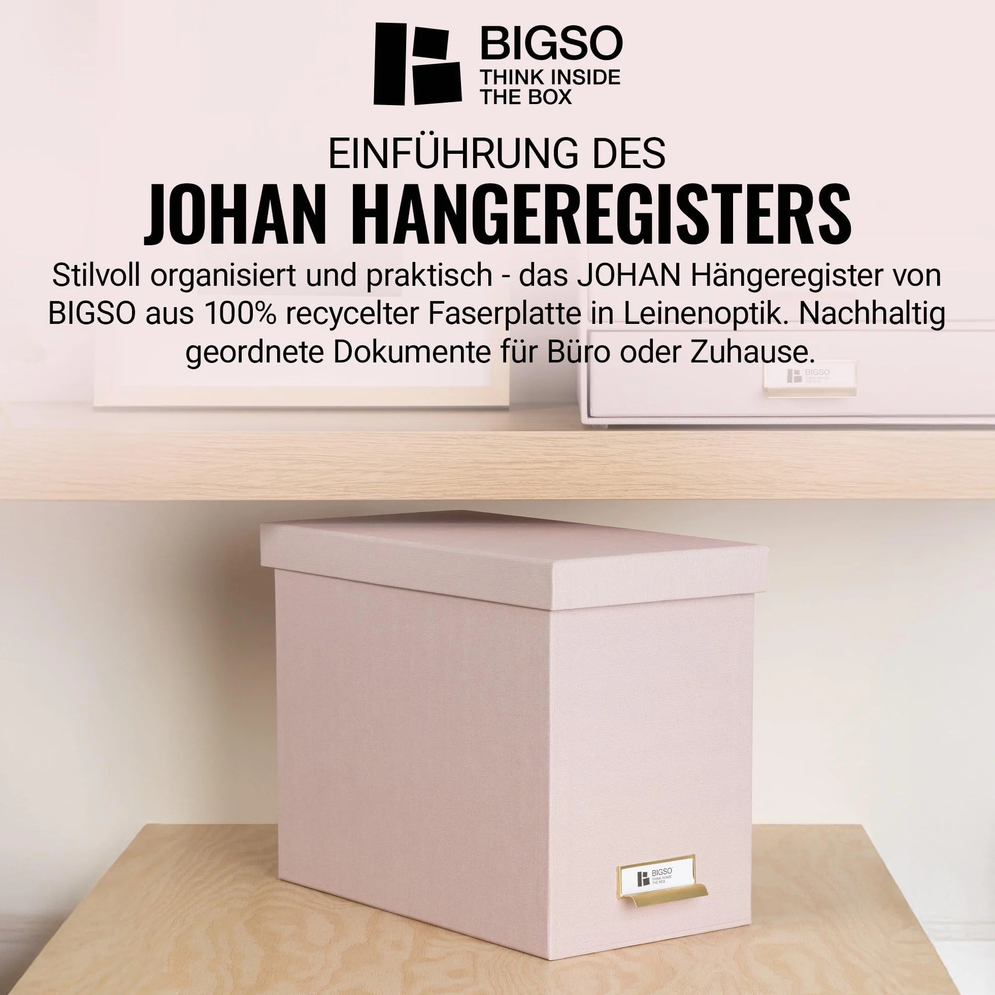 BIGSO JOHAN wiszący segregator A4 – pudełko na teczki wiszące z pokrywką i uchwytem – półka na teczki wiszące i dokumenty – pudełko do przechowywania z płyty pilśniowej i papieru z recyklingu – różowe