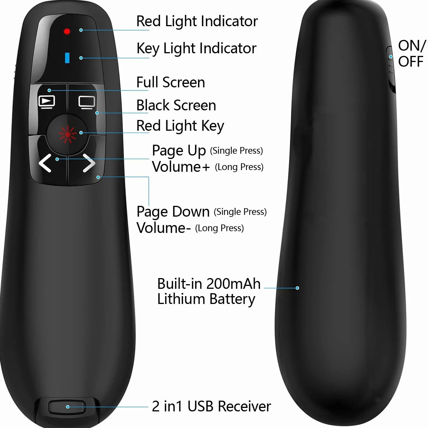 Prezentacja Clicker 2 w 1 USB typu C 2,4 GHz ładowalny bezprzewodowy pilot do PowerPoint Mac laptop