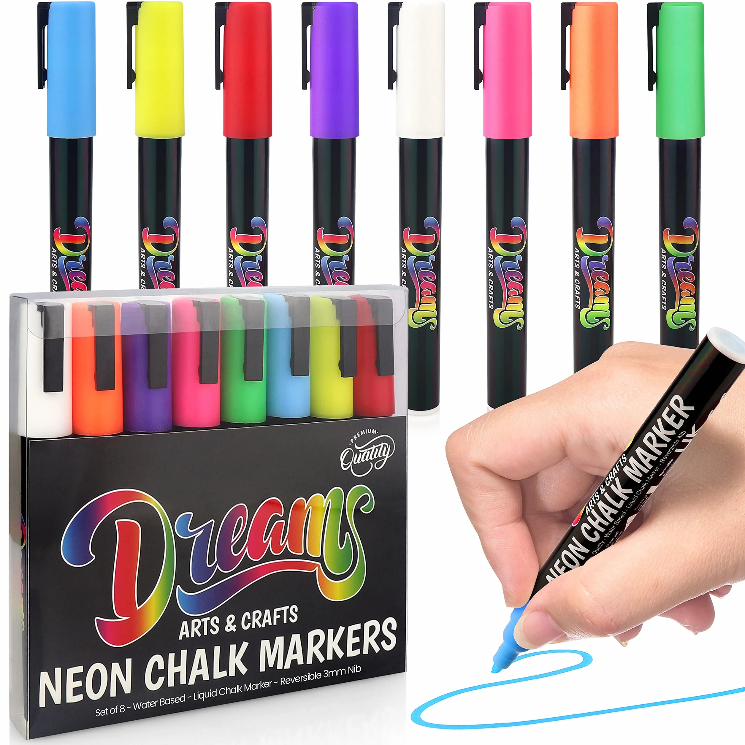 Neonowe cienkopisy kredowe w płynie 3 mm, zmywalne, zestaw 8 markerów