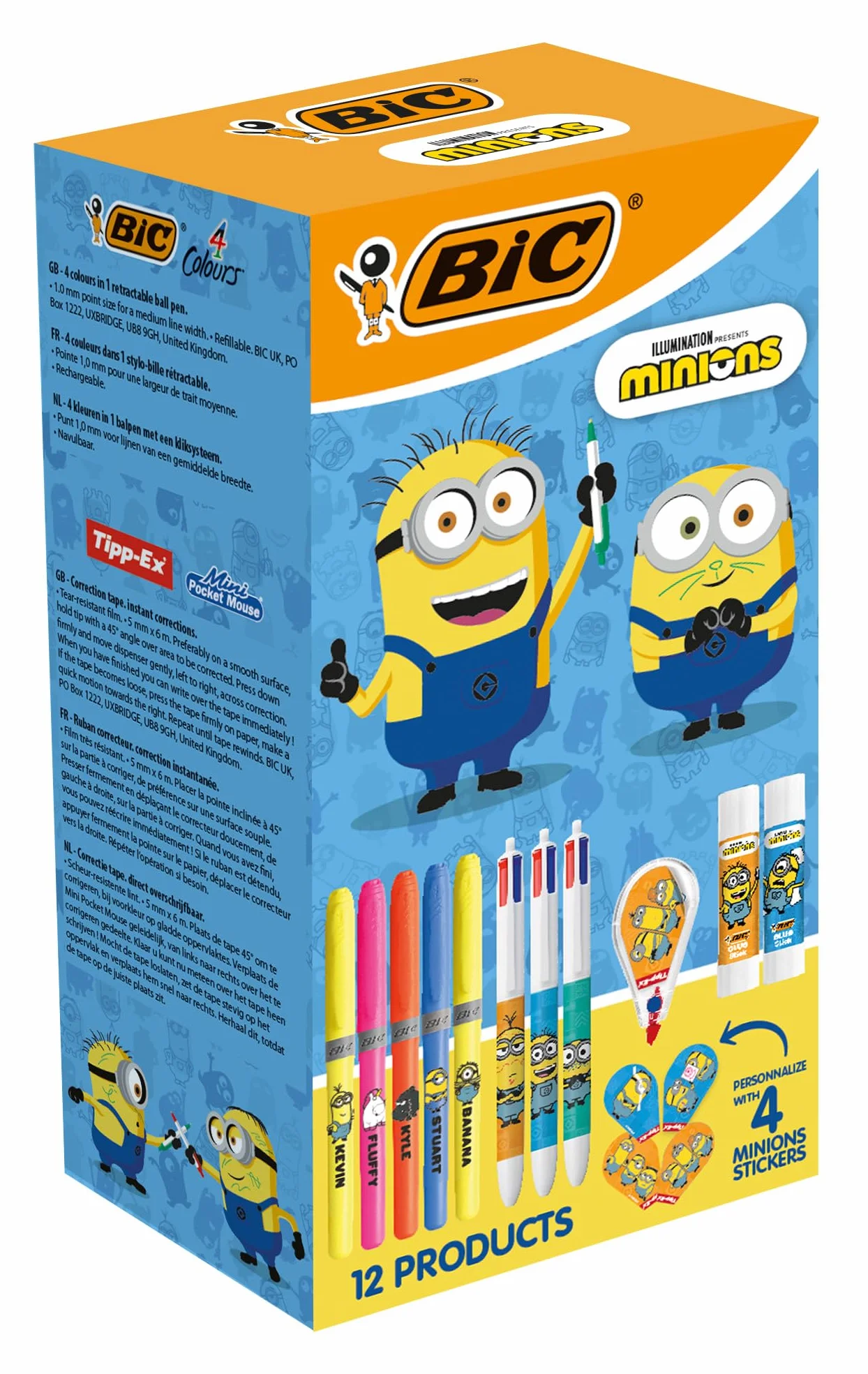 BIC Minions Zestaw artykułów piśmienniczych z limitowanej edycji, 4 kolory Średnia Końcówka (1,0 mm)/Zakreślacze ze ściętą końcówką/Mysz korygująca 6 m/klej/naklejki - Opakowanie 12 szt