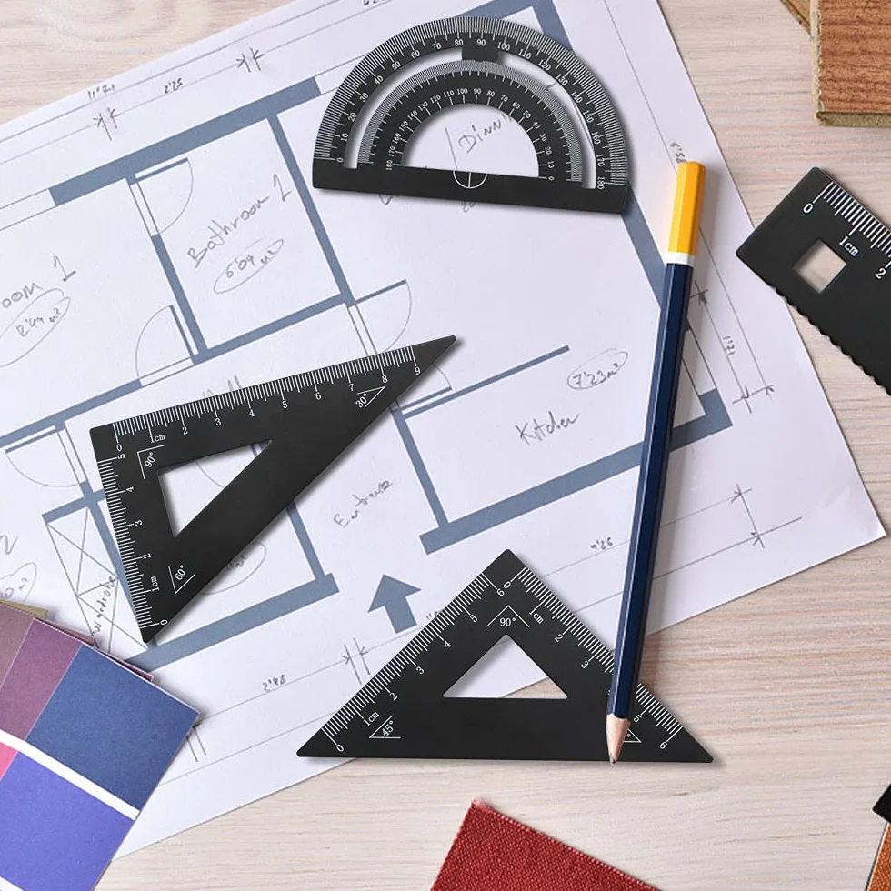 4-częściowy zestaw linijek ze stopu aluminium, linijka matematyczna, zestaw narzędzi geometrycznych, kątomierz, artykuły studenckie, 4 w jednym, pomiar dla nauczyciela, ucznia, rysowania i