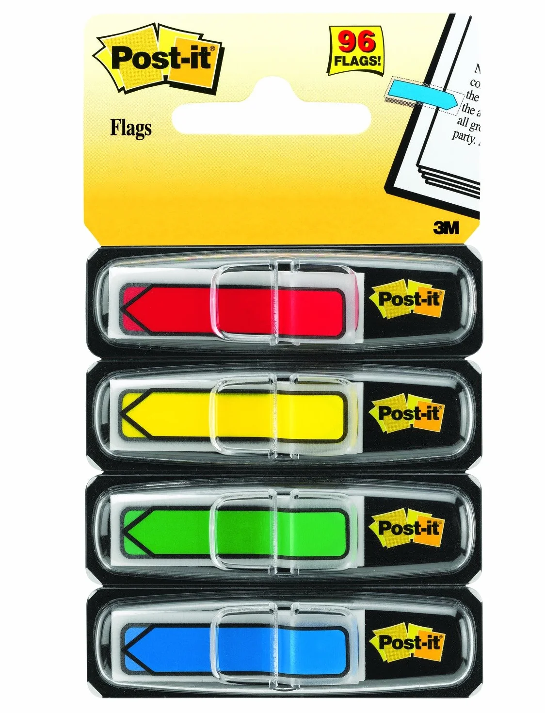 Post-it 684ARR3 strzałki indeksujące, 4 x 24 taśmy samoprzylepne w dozowniku, 11,9 x 43,2 mm, czerwone, żółte, zielone, niebieskie