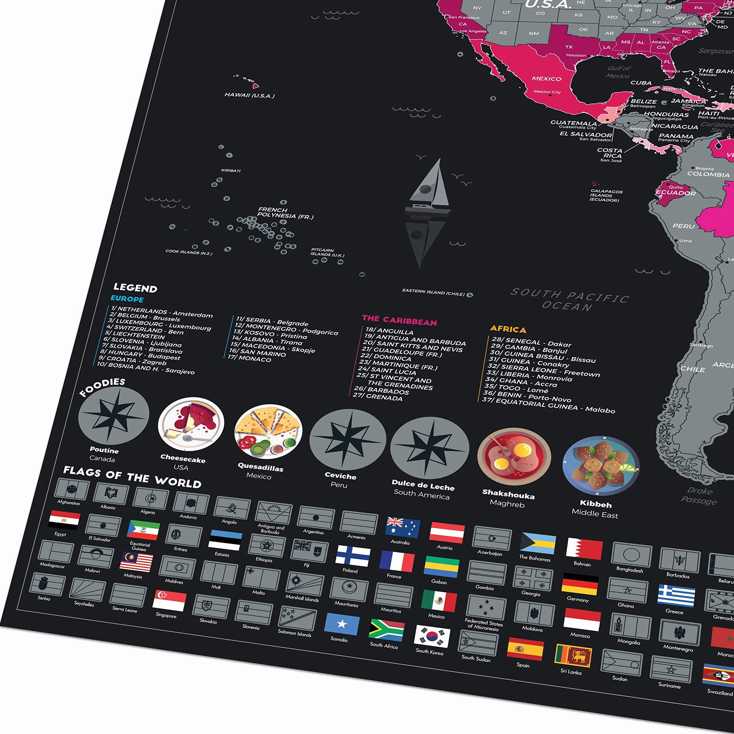 Bonanzana Mapa świata do zdrapywania XXL 70 x 42 cm z 25 produktami spożywczymi i 197 flagami Scratch off World Map prezent