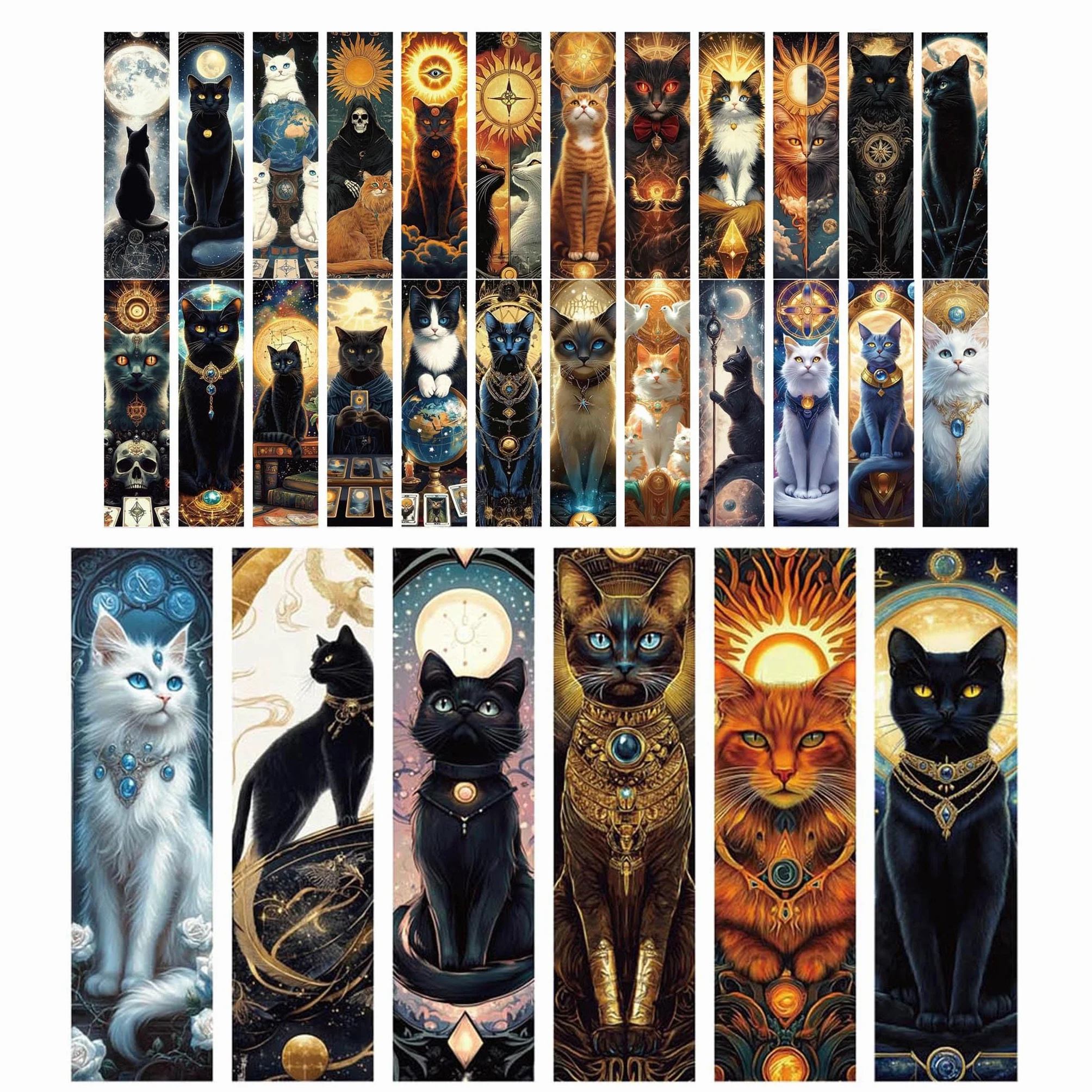 Zakładki do Książek Cat Tarot 30 Szt., Papierowe Zakładki z Kotami i Motywami Niebiańskimi 15 x 4 cm, Mistyczna Kolekcja Artystyczna dla Miłośników Książek, Kotów i Fantasy