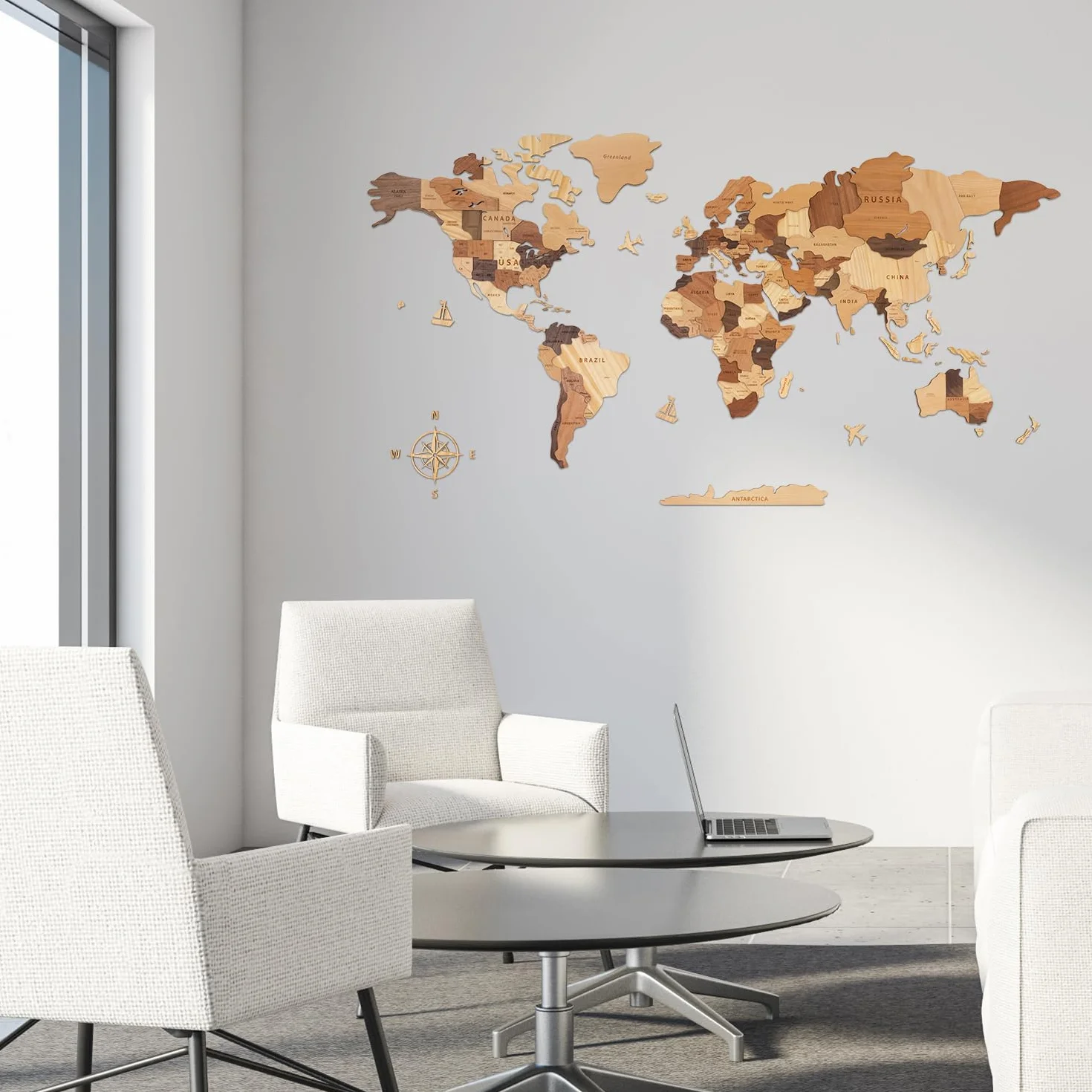 Creawoo Dekoracja Ścienna Mapa Świata 3D, Wielowarstwowa Mapa Drewna, 150 x 85 cm