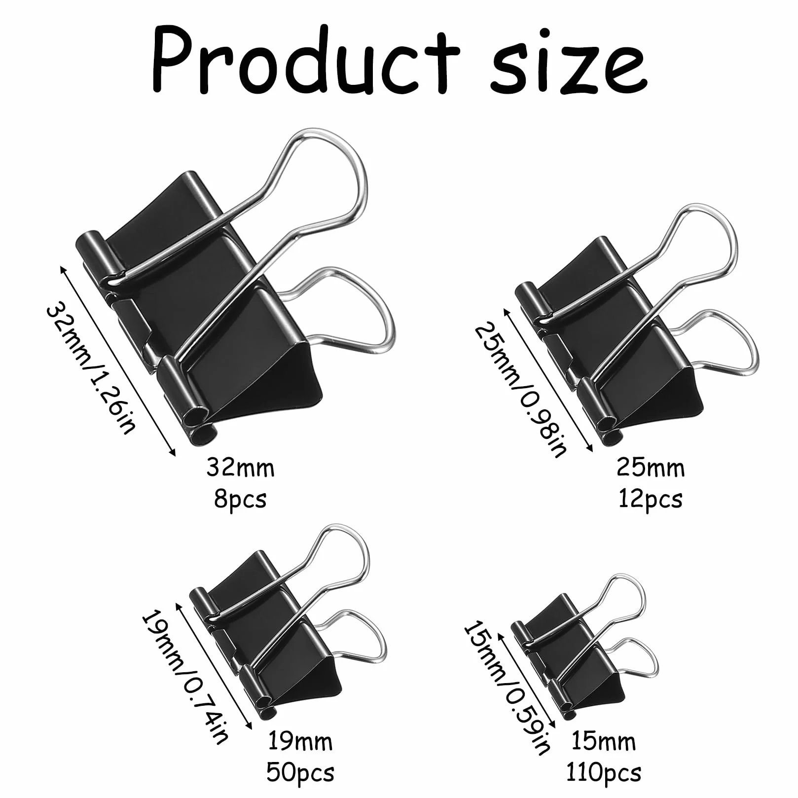 180 Sztuk Foldback Metalowe, Spinacze do Papieru, Klipsy Biurowe, Klipsy Bulldog, Uniwersalne Zaciski do Dokumentów Papierowych i Notatek, 15mm/19mm/25mm/32mm