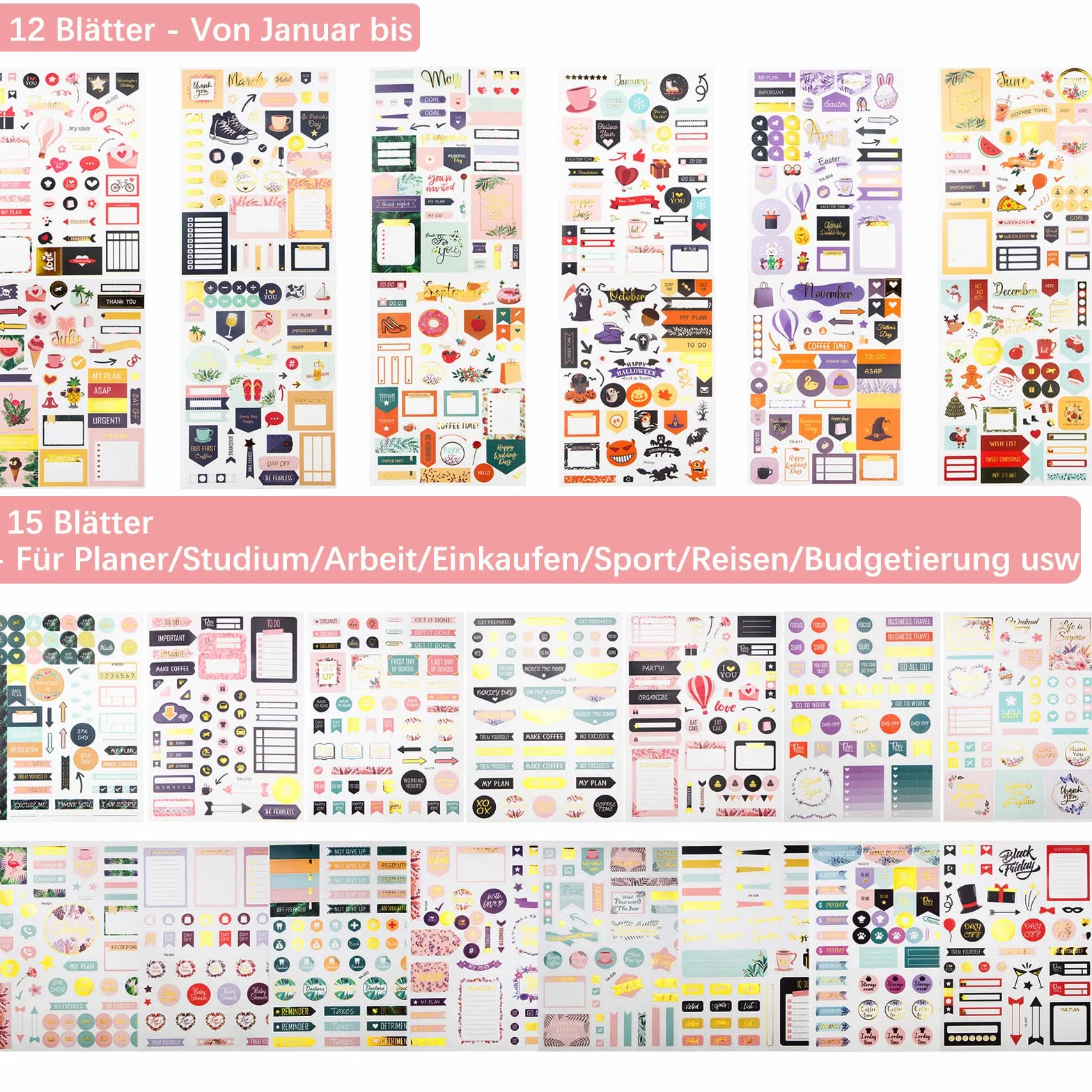 Naklejki do Planera i Bullet Journal 27 Arkuszy 1230+ Szt Złota Folia Naklejki Miesięczne Styczeń–Grudzień Naklejki Tygodniowe To-Do Budżet Scrapbooking